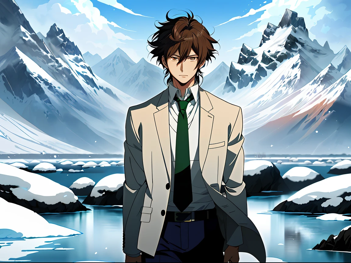 Anime image of a brown-haired man in a white suit and blue tie standing under a snowy mountain,by lake, Shinkai sincerely, New Xiangcheng, Honest, ryuta ueda artwork, offcial art, Anime handsome man, inspired by Hisui Sugiura, koyoharu gotouge, inspired by Okumura Togyu, hijikata toushirou, makoto kano