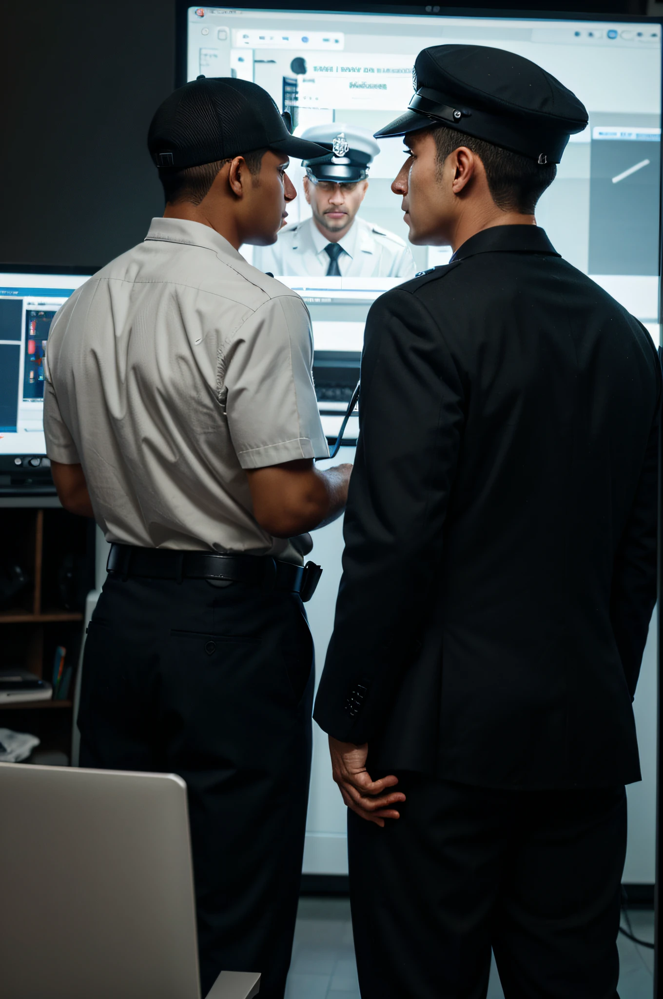 A policeman catches a man with a hat on his head. View from the back. They stand in front of a computer screen. The policeman asks the man to look at the computer screen. The policeman moves his hand toward the computer screen.