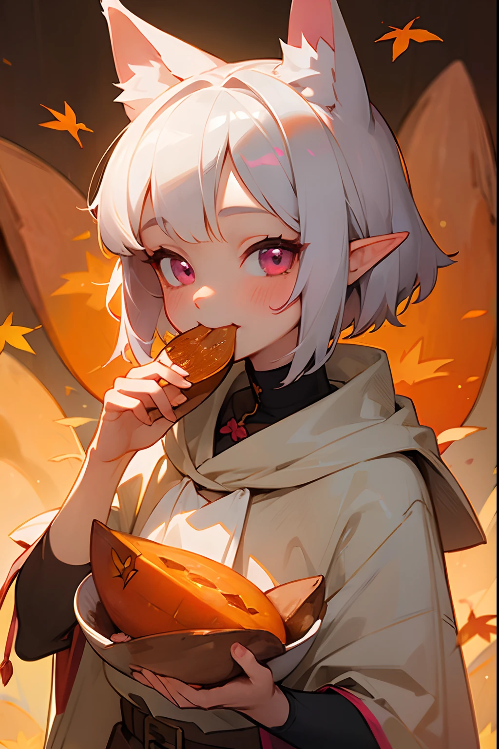 ((masterpiece)), best quality, 1 girl elf, detailed silver short hair, (Moist pink eyes), fox ears, cute, portrait, smile, Autumn leaves, poncho, 15years old, ( (eating baked sweet potato)), yummy, yummy