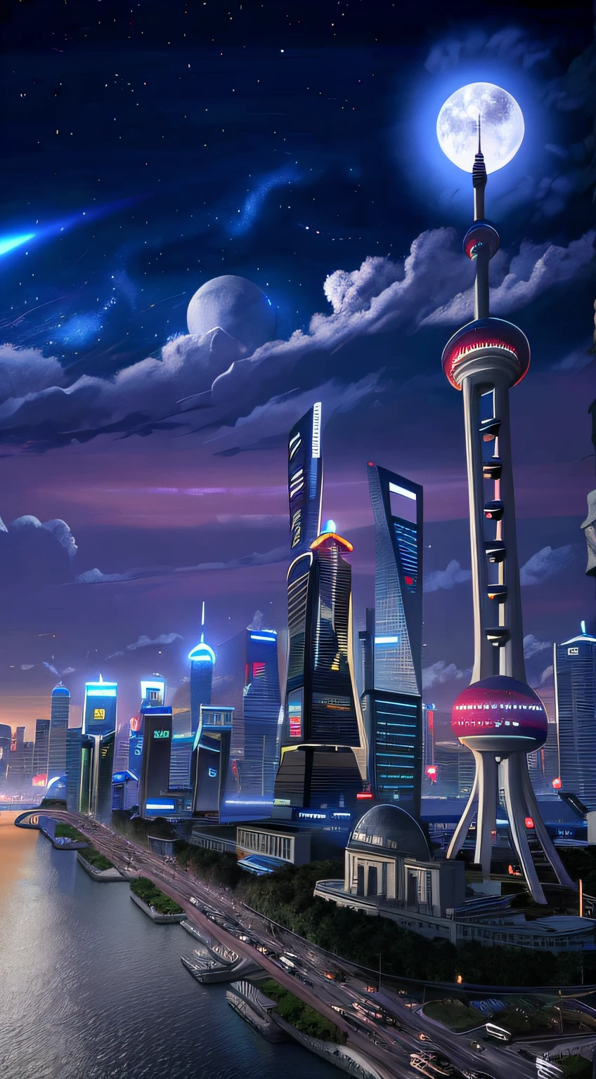 The city of Arafi with the view of the river and the moon, optimistic matte painting, futuristic urban background, elaborate matte painting, Sci-fi matte painting, luminescent matte painting, high quality matte painting, surreal matte painting, 8k matte painting, 8k matte painting, Sci-fi matte painting, futuristic urban background, cinematic neon matte painting,The theme is the famous building in Shanghai, The Oriental Pearl Radio and Television Tower stands out,