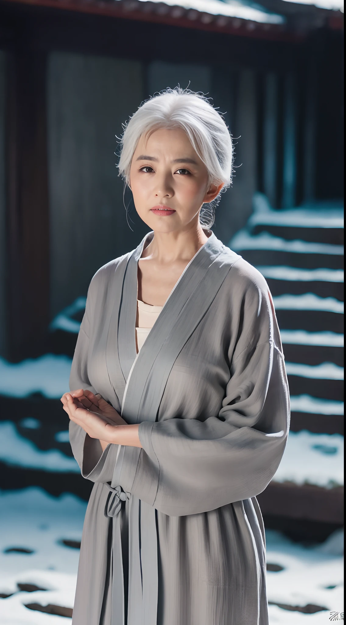 ((Best quality, 8K, Masterpiece :1.3)), Sharp focus:1.2 ， Photorealsitic，(Cinematic lighting)，Facial detail texture. Eye details. Double eyelids, Slender body. Super small breasts, Sexy collarbone，70-year-old grandmother, photo-realistic:1.37，Perfect eyes, ((1 Old man in a gray yukata))，（white sash），(Thick cloth)，((Ragged linen))，With a petite figure，whaite hair，hair-bun，Qi bangs，Stand in the snow，Hands behind your back，Full body like，short- sleeved，robe，folds，((solid color backdrop))，Front lens，There are a few wrinkles on the face，Traditional Chinese women，Be kind，white haired Cangcang，Shanshui temple background，in a temple