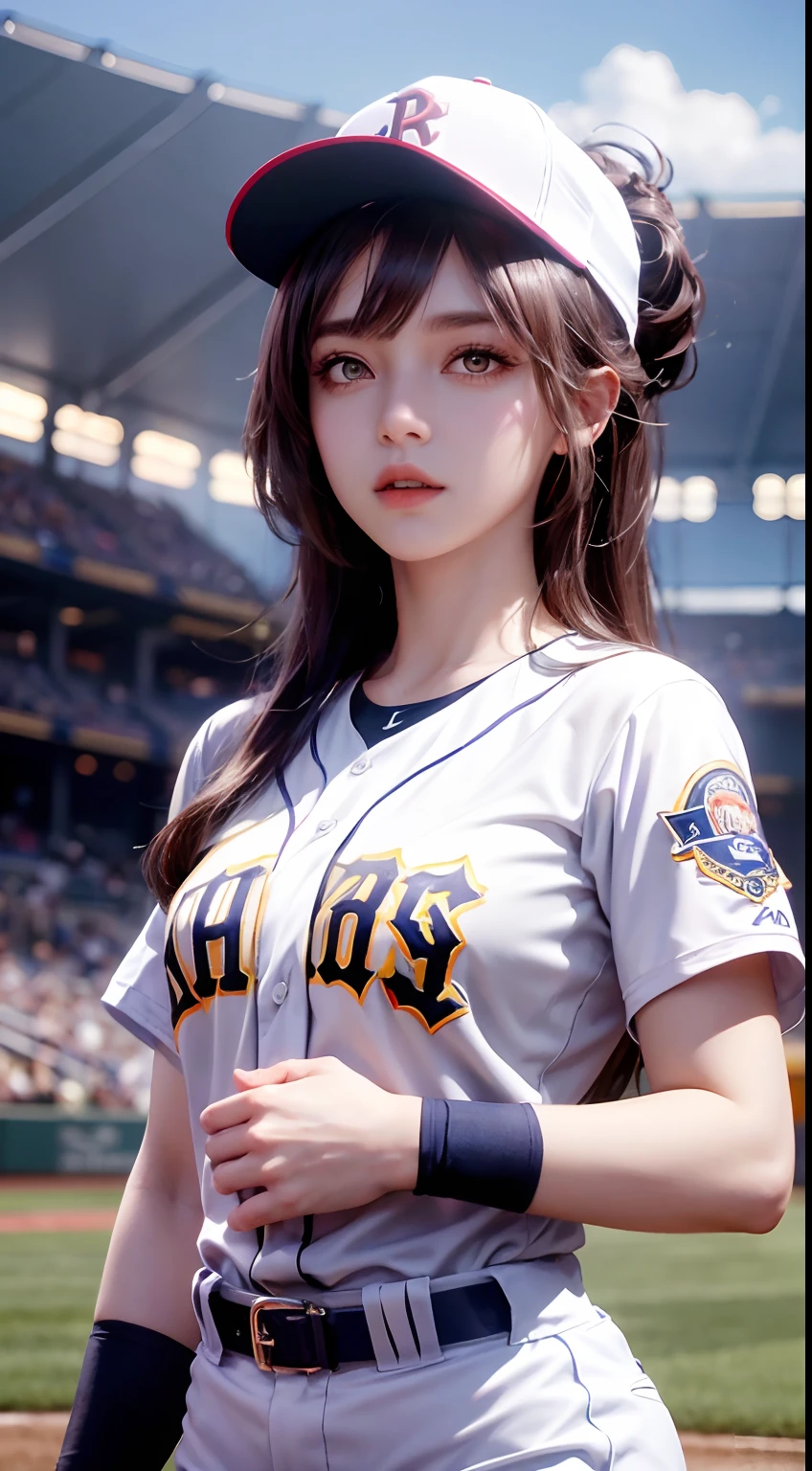 A female baseball player pitches，Baseball in hand（1.5），Batting dynamics，Correct ergonomics（1.5），tmasterpiece，top Quority，super wide shot（1.5)（realisticlying，realisticlying：1.4），（RAW photos：1.4），Very delicate CG Unity 8K wallpaper，very delicate beautiful，Mann pays attention to detail，offcial art，Beautiful eyes and face（1.5），Beautiful exquisite eyes，light in face，one-girl，long whitr hair，（pompons）nabel，The upper part of the body，Baseball uniforms，He wears baseball gloves on his hands， baseball stadium，