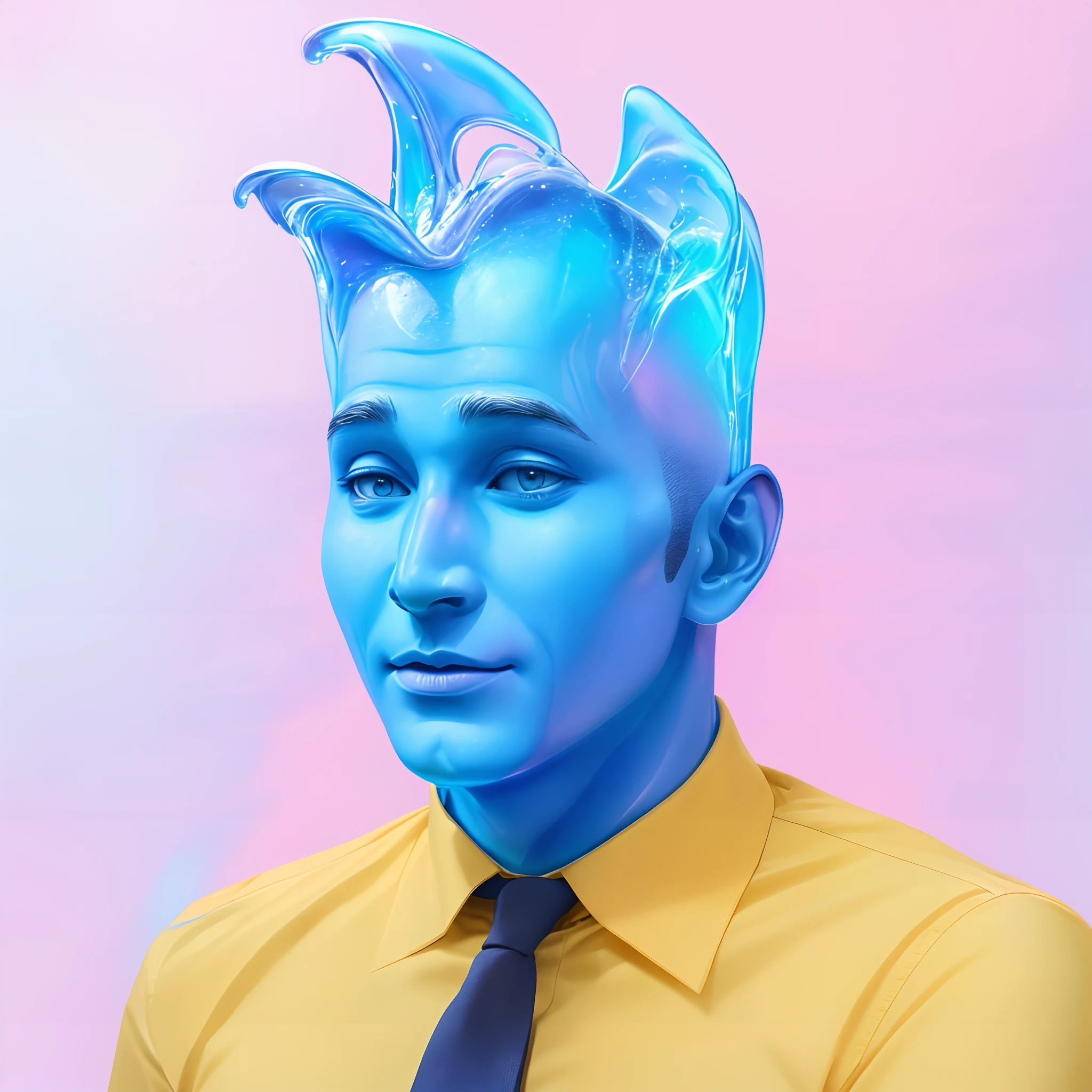 there is a man with a blue face and a tie on, yellow shirt, water head, elemental, transparent water head, pink background, stunning beauty