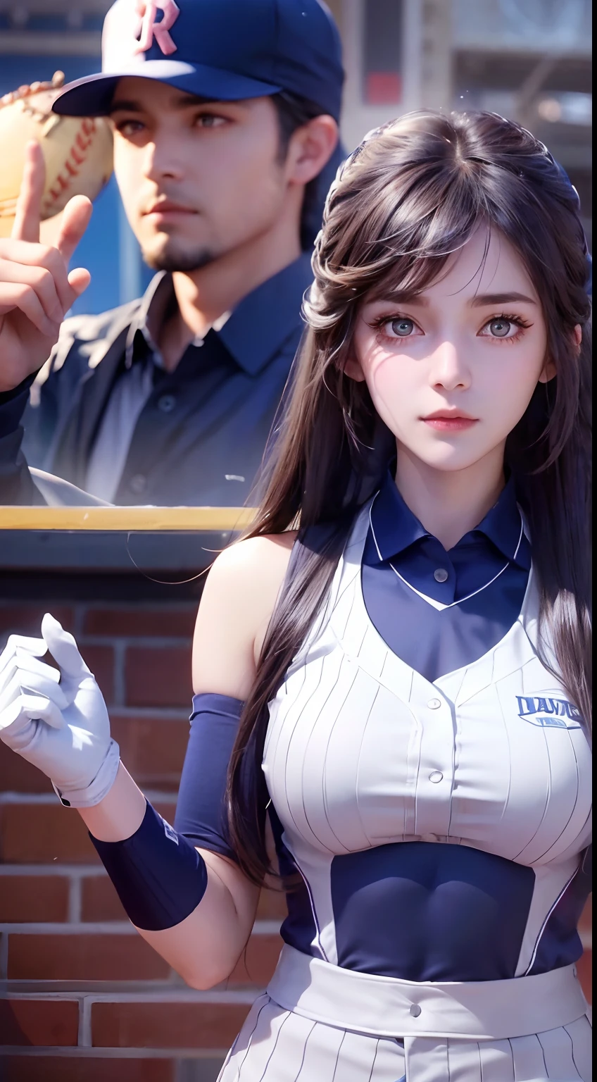 A female baseball player pitches,Baseball in hand(1.5),Batting dynamics,Correct ergonomics(1.5),tmasterpiece,top Quority,super wide shot(1.5)(realisticlying,realisticlying:1.4),(RAW photos:1.4),Very delicate CG Unity 8K wallpaper,very delicate beautiful,Mann pays attention to detail,offcial art,Beautiful eyes and face(1.5),Beautiful exquisite eyes,light in face,one-girl,long whitr hair,(pompons)nabel,The upper part of the body,Baseball uniforms,He wears baseball gloves on his hands, baseball stadium,