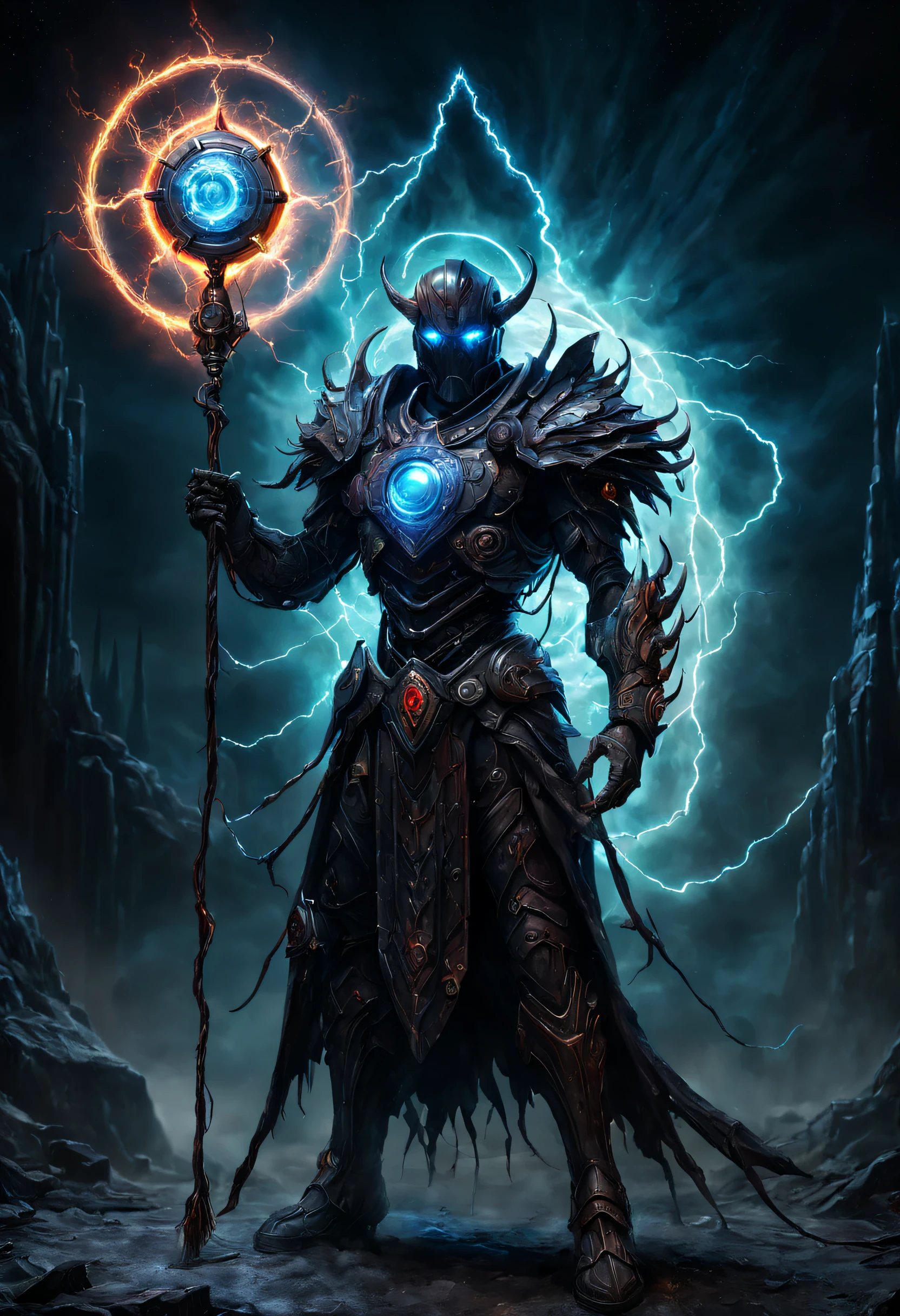dark fantasy guardian of evil holding electrified whip and magical shield, cosmic energy, biomechanical, eerie, creepy, nightmarish, very bright colors, light particles, light glowing,, enigmatic, intense atmosphere,HDR, studio lighting, ultra-fine painting, sharp focus, physically-based rendering, extreme detail description, professional, vivid colors