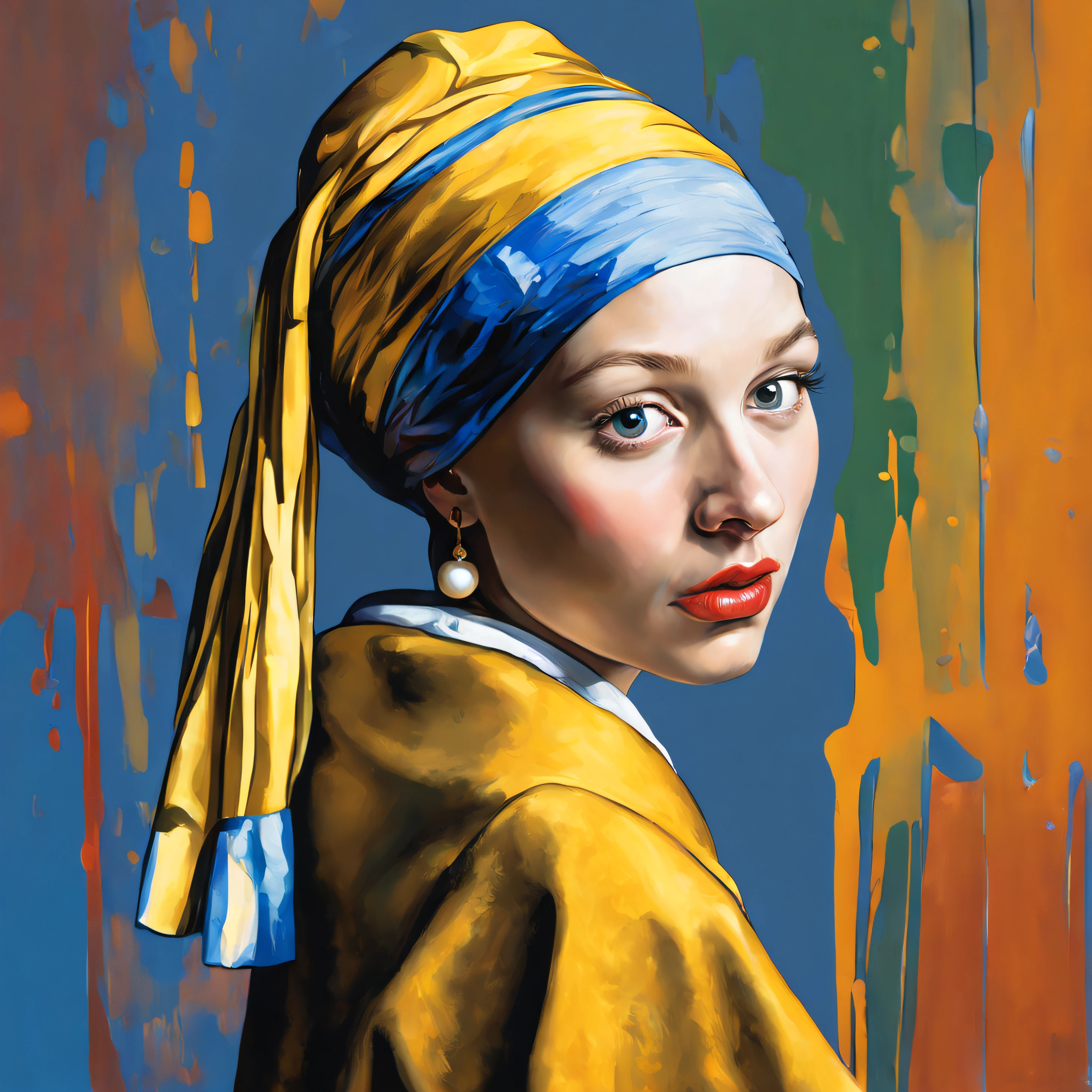 (best quality,4k,8k,highres,masterpiece:1.2),ultra-detailed,(realistic,photorealistic,photo-realistic:1.37),colorful,pop art style,portrait,THE GIRL WITH A PEARL EARRING BY JOHANNES VERMEER,girl with detailed eyes and lips,crunching into a juicy orange, vibrant colors, contrasting tones, glossy finish, dynamic brushstrokes, bold outlines, comic book inspired, exuberant energy, vivid pop art aesthetic, captivating gaze, juicy citrusy orange, radiant and youthful, pop culture icon, contemporary interpretation, modern twist