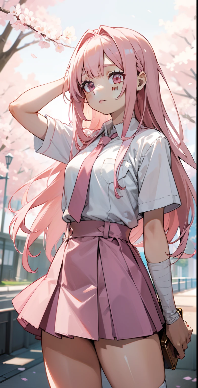 Two-dimensional anime wallpaper,Long pale pink hair,bangs, highlights, (hair highlights effect), (eyebrow), (nose), (ear), (mouth), (lips),Cherry blossom hair accessories ,girl,White short-sleeved tie style school uniform, big chest, waist, thick legs, thick thigh,The arm is wrapped in a bandage,Light gray mini skirt,Bandages wrapped around her head,medium build,The hair is a little messy ,With a dull expression,a warm color palette
