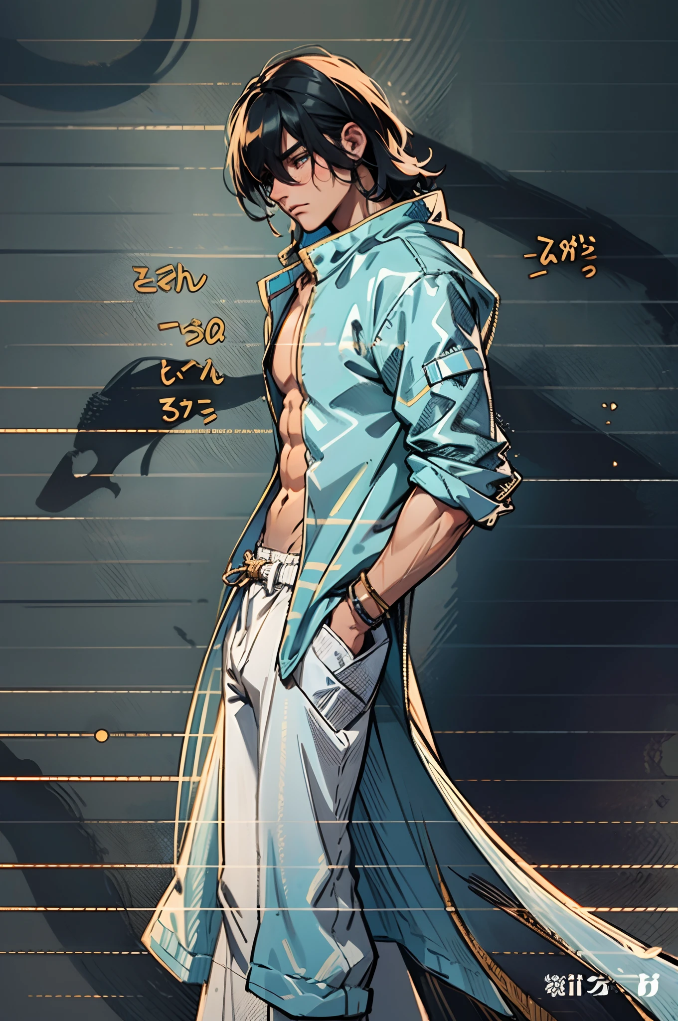 A young man, long black hair, his hair bangs hanging down to cover his eyes, a forlorn expression, head bowed, a long windbreaker coat, rolled-up sleeves, the windbreaker open, revealing his sturdy chest and abdominal muscles, loose coarse cloth trousers, the waist of the trousers reaching the navel, hands inserted into the pockets of the coat, he stands in the dimly lit night on a medieval street in a fantasy-style setting, this character embodies a finely crafted fantasy-realistic style ronin in anime style, characterized by an exquisite and mature manga illustration art style, high definition, best quality, highres, ultra-detailed, ultra-fine painting, extremely delicate, professional, anatomically correct, symmetrical face, extremely detailed eyes and face, high quality eyes, creativity, RAW photo, UHD, 8k, Natural light, cinematic lighting, masterpiece-anatomy-perfect, masterpiece:1.5