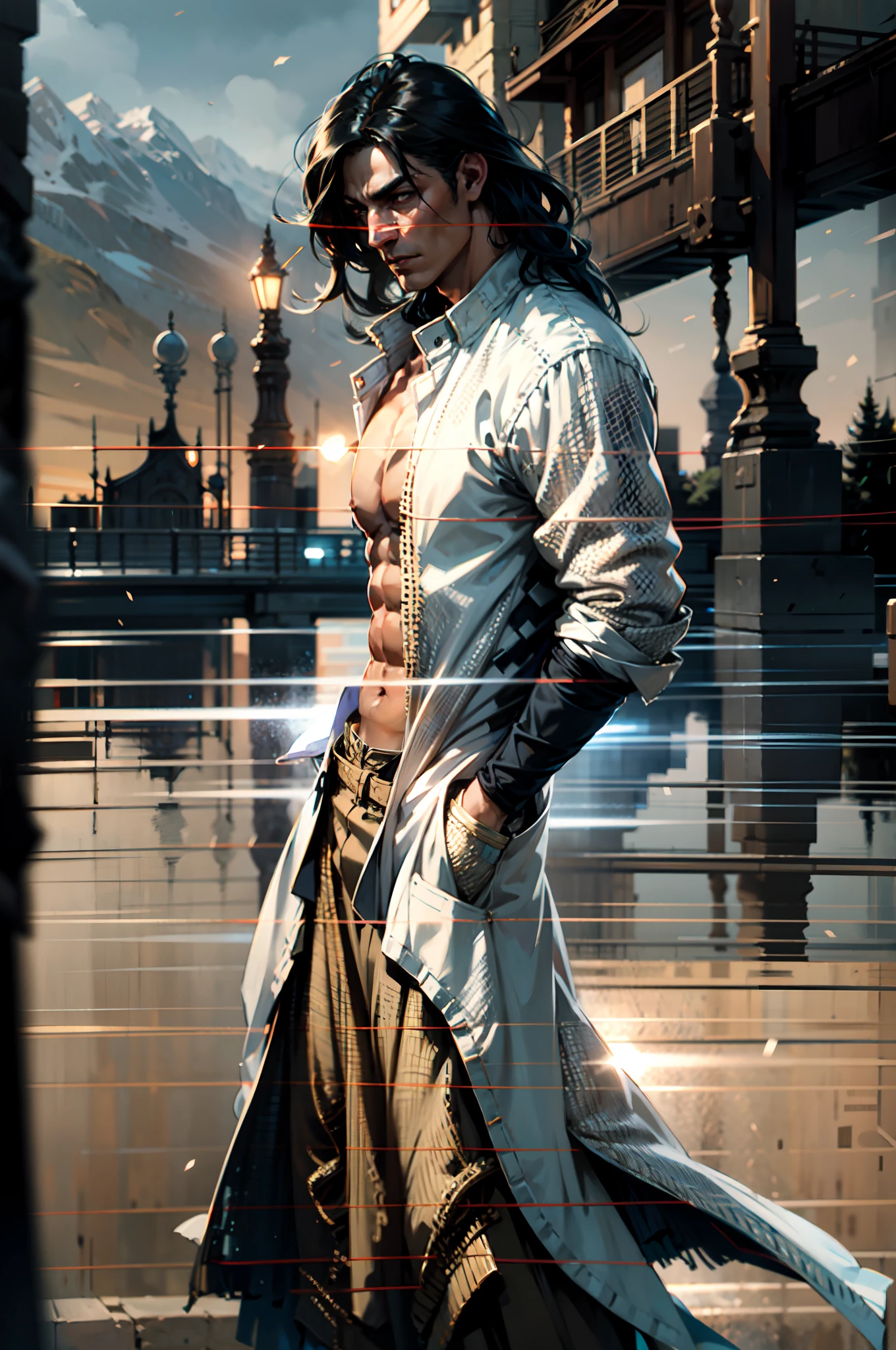 A young man, long black hair, his hair bangs hanging down to cover his eyes, a forlorn expression, head bowed, a long windbreaker coat, rolled-up sleeves, the windbreaker open, revealing his sturdy chest and abdominal muscles, loose coarse cloth trousers, the waist of the trousers reaching the navel, hands inserted into the pockets of the coat, he stands in the dimly lit night on a medieval street in a fantasy-style setting, this character embodies a finely crafted fantasy-realistic style ronin in anime style, characterized by an exquisite and mature manga illustration art style, high definition, best quality, highres, ultra-detailed, ultra-fine painting, extremely delicate, professional, anatomically correct, symmetrical face, extremely detailed eyes and face, high quality eyes, creativity, RAW photo, UHD, 8k, Natural light, cinematic lighting, masterpiece-anatomy-perfect, masterpiece:1.5