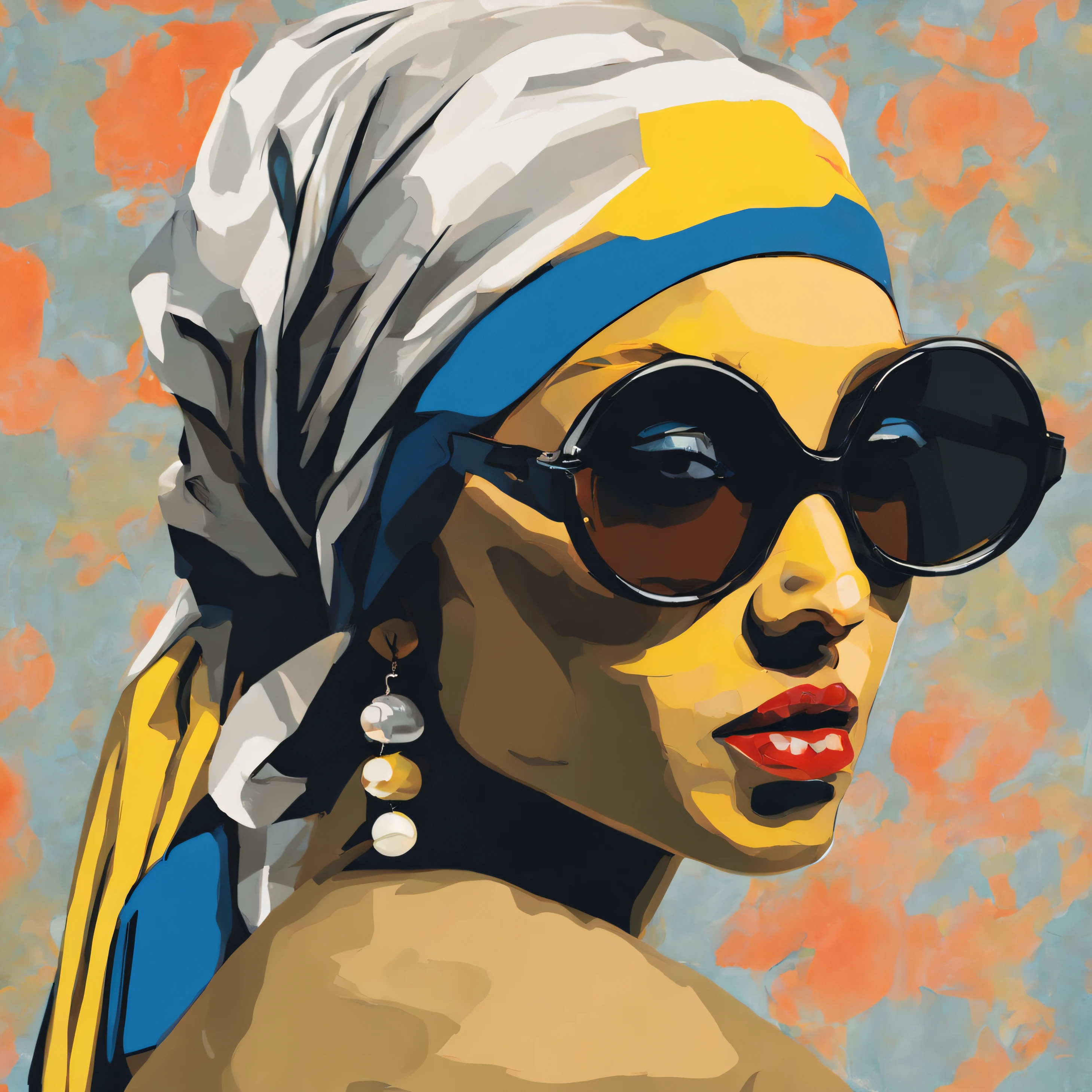 THE GIRL WITH A PEARL EARRING by Johannes Vermeer, has sunglasses on her face, blowing bubblegum, style pop art