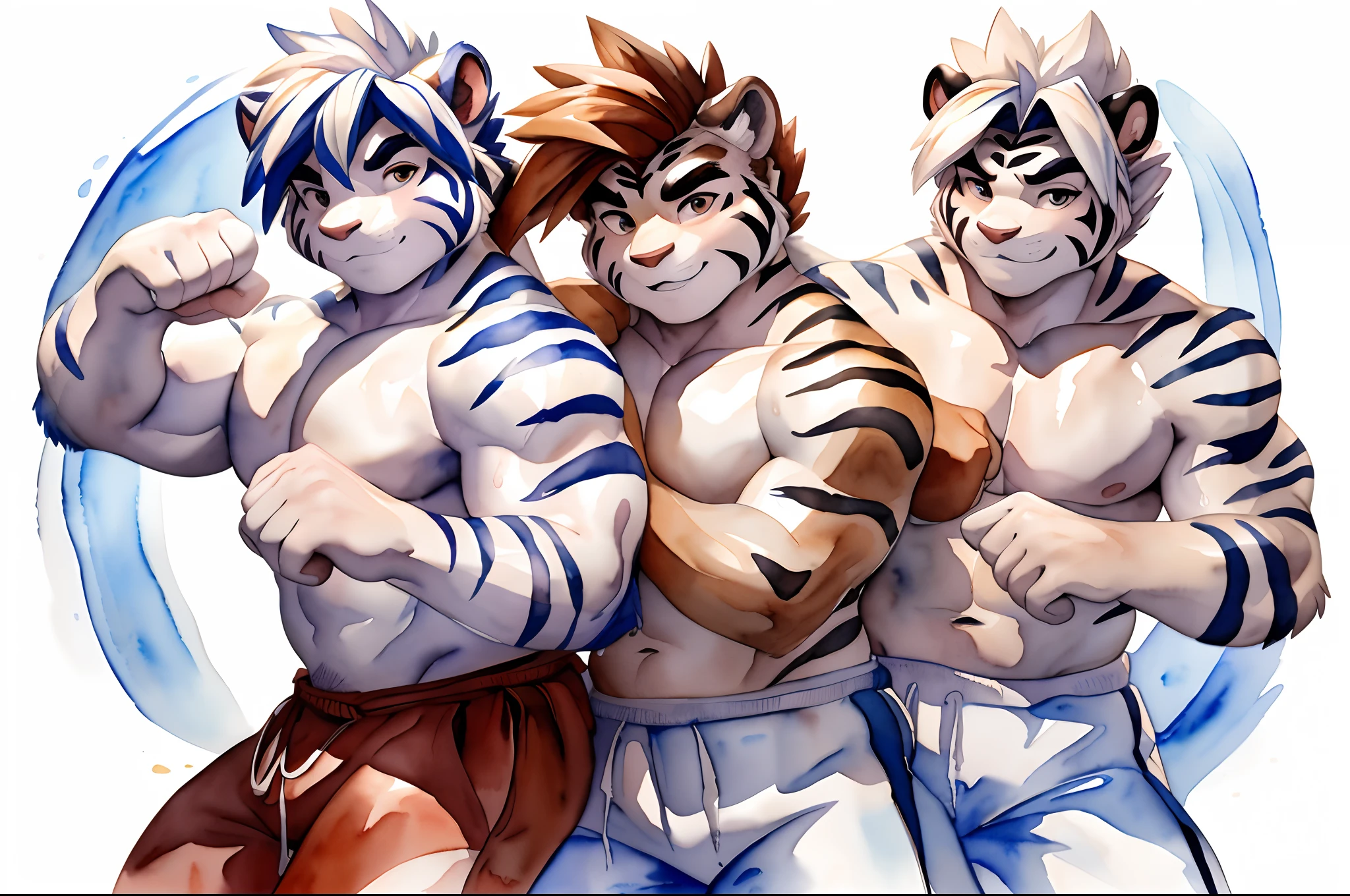 Hominidae, Pose for Camera. 4K, high resolution, Best quality, posted on e621, (Two anthropomorphic white tigers:1.2), Anthropomorphic white tiger, male people, 20yr old, Thick eyebrows, Light blue stripes, Ultra-short hair, shaggy, Strong body, large pecs, ((Shirtless)), They were practicing boxing, Pink milk clusters, sweat leggs, White leggings sweatpants, Small raised, on a grassy field, (sport, Muscular, Heavyweight:1.2), Correct anatomy, (White background, Watercolor background:1.1), (by Chunie, author:Taran Fidler:0.8), (Detailed eyes:1.2), Sexy, (cel-shaded:1.2), cartoon shading, (aquarelle:1.2), Serious expressions, Be red in the face, (view the viewer:1.2)