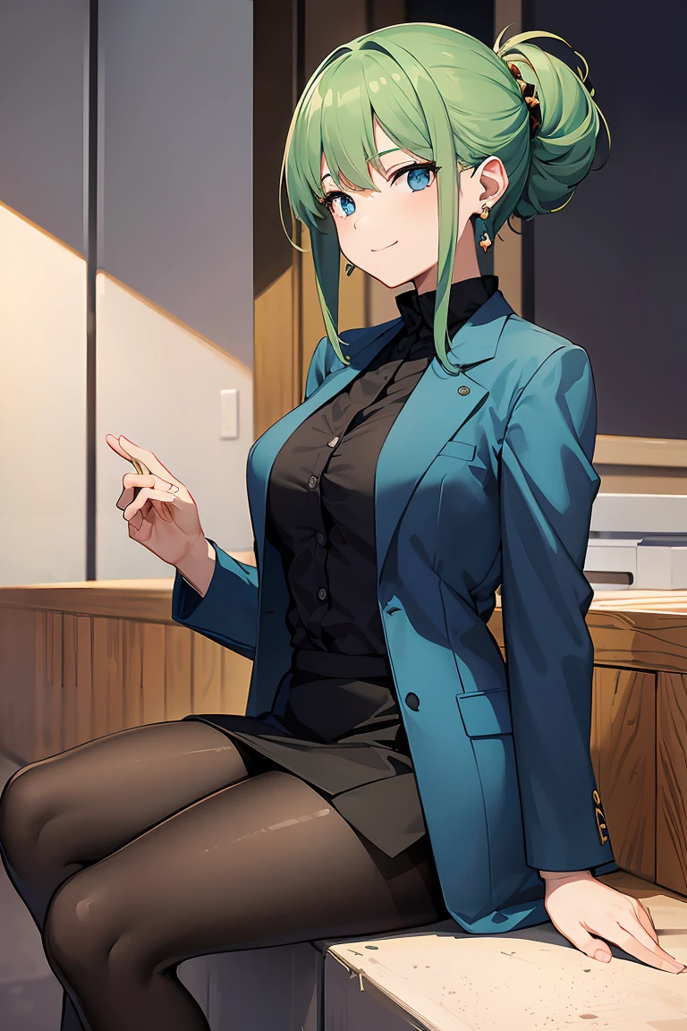 masterpiece:1.2, best quality, ((ultra detailed)), high resolution, 2d, anime style , photo, photography, detailed background, ((medium hair,green hair, half updo,medium breasts,earrings))
BREAK
solo,(droopy eyes:1.3), (,tall face, tall female)), ((blue eyes;1.2 )),
BREAK
cowboy shot,jacket,skirt,office,sitting,light smile,side view,((black pantyhose)), secretary
BREAK
pastel colors:1.4, solid paint:1.2, saturated color, contour