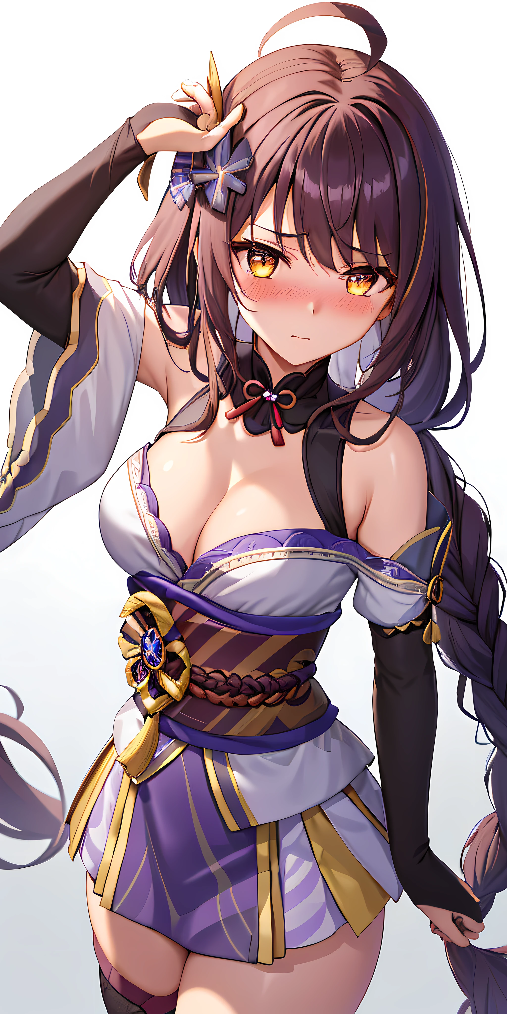 1girl, solo, long hair, hair ornament, ahoge, , wonderful breasts, small cleavage, thighs, (zhongli outfit genshin impact)(blushing:1.3), liyue style raiden shogun (genshin impact), shiny brown hair, yellow eyes, (zhongli outfit)