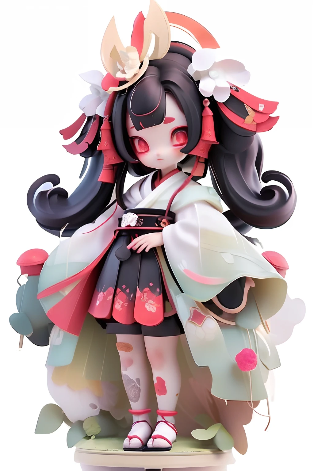 (Full body standing painting), 独奏, Game Icon Institute, Game icon, 1girll, Solo, Black hair, Long red hair, Japanese kimono, Red lycoris, amaryllis, Zephyr elements，Onmyoji detailed art, Traditional oriental art style, Beautiful painting style, paint brushes, multicolored hair, view the viewer, two tone color hair, Black eyes, White background, White hair,full bodyesbian, tchibi, Whole body --niji 5