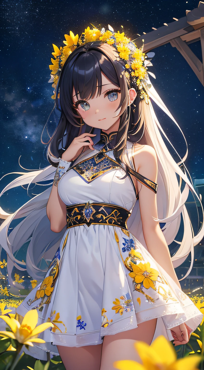 masterpiece、Background with((Fantastic starry sky、kosmos、Meteor swarm、Luminescent yellow flowers all over the place、flower field))、About 30 years old、a beauty girl、huge tit、Great embroidery on a white mini dress、No Shoulder、She wears her hair in a beautiful floral ornament、heavy wind、