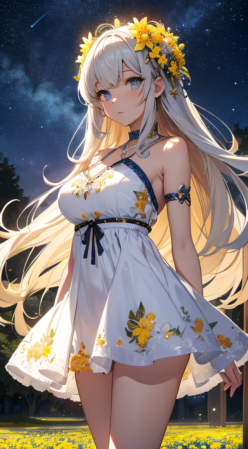 masterpiece、Background with((Fantastic starry sky、kosmos、Meteor swarm、Luminescent yellow flowers all over the place、flower field))、About 30 years old、a beauty girl、huge tit、Great embroidery on a white mini dress、No Shoulder、She wears her hair in a beautiful floral ornament、heavy wind、