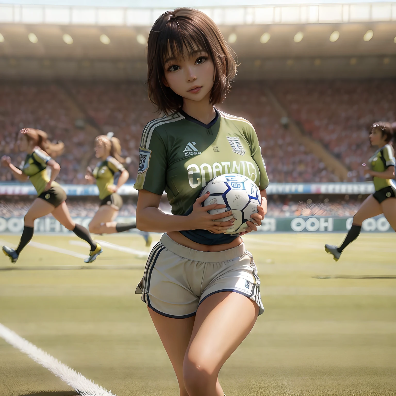 Short-haired woman in soccer uniform, It's like Fabiola Nascimento, Soccer ball at your feet, CG Rendering, Alexis Franklin, julia fuentes, Tuba Metront, olivia de bernardinis, amanda clarke, Martinne Johanna, Running on the football field, Soio