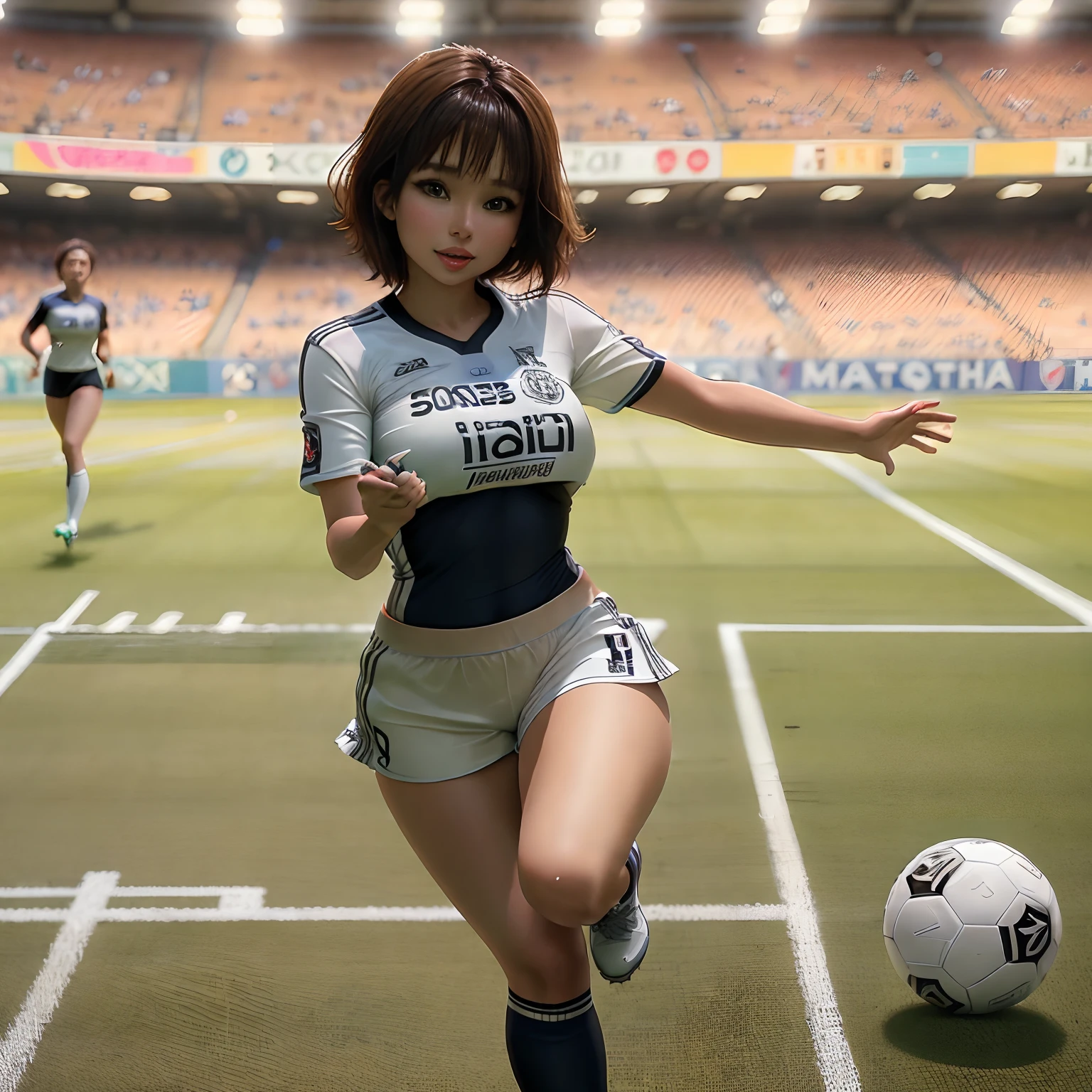 Short-haired woman in soccer uniform, It's like Fabiola Nascimento, Soccer ball at your feet, CG Rendering, Alexis Franklin, julia fuentes, Tuba Metront, olivia de bernardinis, amanda clarke, Martinne Johanna, Running on the football field, Soio