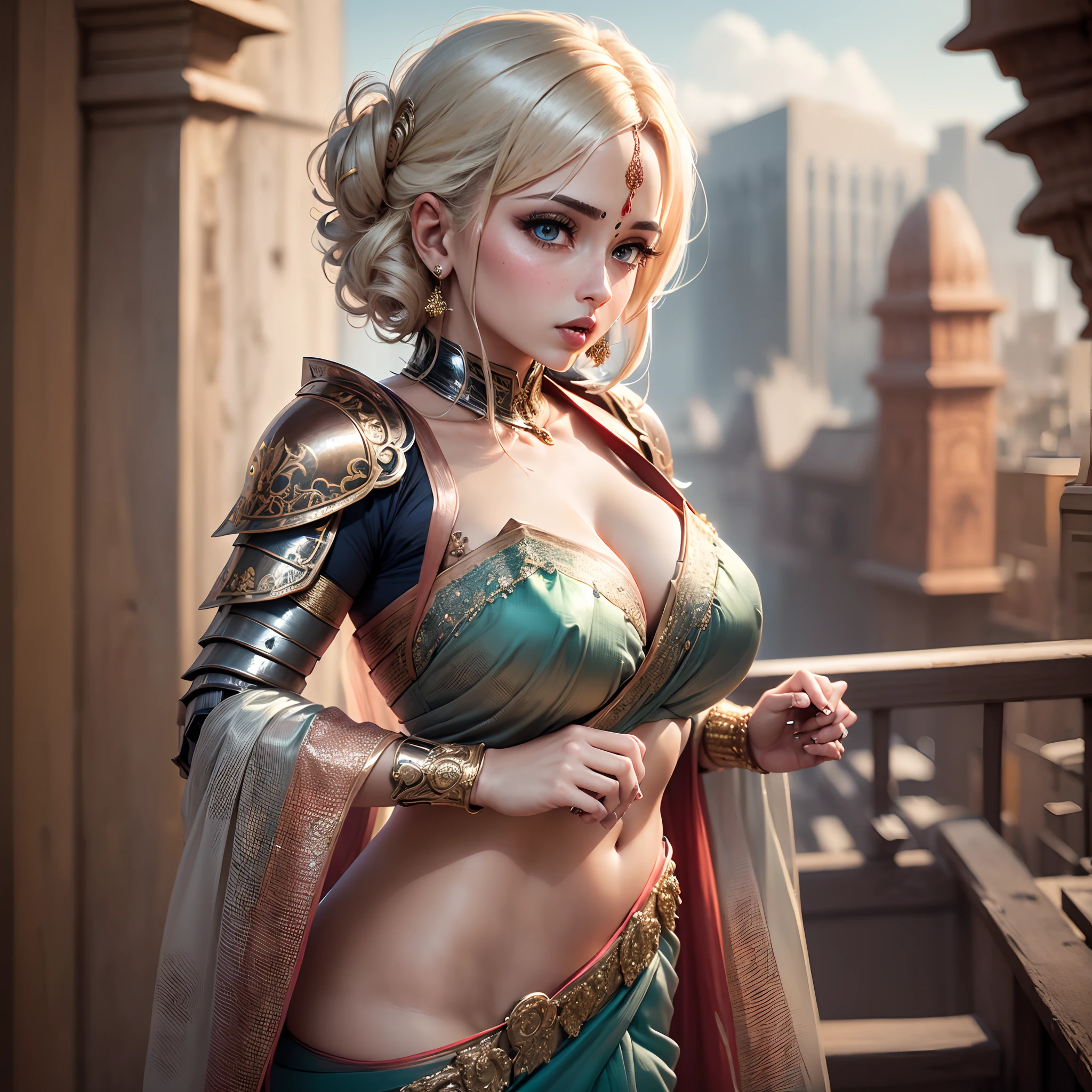 (( (tmasterpiece)，（Very detailed CG Unity 8K wallpaper），(bustshot:1.5), best qualtiy，cinmatic lighting，Photorealsitic, 细致背景，beatiful detailed eyes，Bright pupils，（Very fine and beautiful），（Beautiful and detailed eyes description），ultra - detailed，tmasterpiece，hight resolution)),  ((Dressed in insanely full saree armor:1.4)), Rose gold armor, Richly decorated armor, a beautiful woman warrior, Shorthair, Platinum Blonde Hair, cleavage of the breast --auto --s2