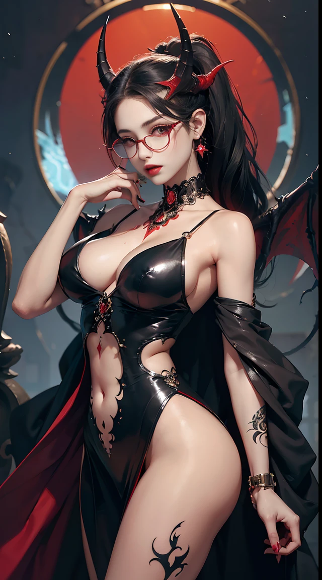 Fine、(The best illustrations)、8k UHD resolution、intricate-detail、top-quality、realisitic、ultra-detailliert、The best lighting、Best Shadows、Soft lighting、Ulutra HD、1 beautiful devil woman from hell, surreal female portraits by David Hockney and Alphonse Mucha, Fantasy Art, Chinese Doll、Dungeon and Dragon、Devil's Palace、Devil's Torture Chamber、magia、 A Necromancer、natta、Dark style、Succubus、Devil's Daughter、Bat Wings,(((Demon Horns)))、((((black-rimmed round glasses))))、(((Colossal tits)))、(Devil's Tail)、(red eyes glowing:1.6)、 intricate tattoos, demonic intricate tattoos, thigh tattoos, body tattoos, masterpiece、beautiful countenance、Muscular seductive body、The enchanting body of the devil、Seductive Black Magic Costume、A shiny red snake is wrapped around her hand、Tindall Effect、photos realistic、(High Detail Skins:1.2)、 (Intricate details, makeup, pureerosface_v1:0.5), (Detailed beautiful delicate face, Detailed beautiful delicate eyes, A perfectly proportioned face, High detailed skin, Detailed skin, best ratio four finger and one thumb, arms below breasts, Tattoo with a red glow under the stomach、Awesome awesome, wide hips, smooth midriff, skiny and thin, __Fashion__, __hair__:1.25)、Digital SLR、hightquality、a picture、hight resolution、 absurderes、Ponytail distortion、1人、Red sparkling gemstone necklace、jewely、Beautiful expression、Body Up、Large breasts emphasis、Toned waist、Wide buttocks、Devil's Tail、intricate tattoos, demonic intricate tattoos, thigh tattoos, body tattoos, effect、Photorealsitic、(High Detail Skins:1.2)、In the Dark, lowkey, cowboy lens, (Black Phoenix Dress: 1.0), Seductive Black Magic Costume、Long hair, Black hair, Bust, Devil's Palace, devil crown, red eyes make up very sharp and detailed, The most beautiful face, Super tight breasts, Breast augmentation surgery, The breasts are very big and round and round, Black magic costume、Super realistic , Charming smile, The eyes are very well made up, ((Red Eye:1.0)), guweiz, devil style,Muscular seductive body、 wearing black mesh socks, Ponytail with a bow tied at the back of the hair, plump beautiful red lips, wearing a thin red and black robe, Hands pull the straps to expose sexy breasts, A shiny red snake is wrapped around her hand、the landscape is overcast and thunderous, Beautiful female demon portrait, Protagonist Close-up, (Detailed spooky backgrounds:0.8), nffsw, nffsw, The 8k quality, detailed pixel, Meet beautiful girls, Look at the girl's body,Emphasis on large breasts、Tattoo with red glow、Tattoos, intricate tattoos, demonic intricate tattoos, thigh tattoos, body tattoos,Devil's Tail、Body Up、A glowing red snake wrapped around her hand、Beautiful female demon portrait, Portrait of a woman in a buggy , Fantasy Art, Chinese Doll、Protagonist Close-up, (Detailed spooky backgrounds:0.8),