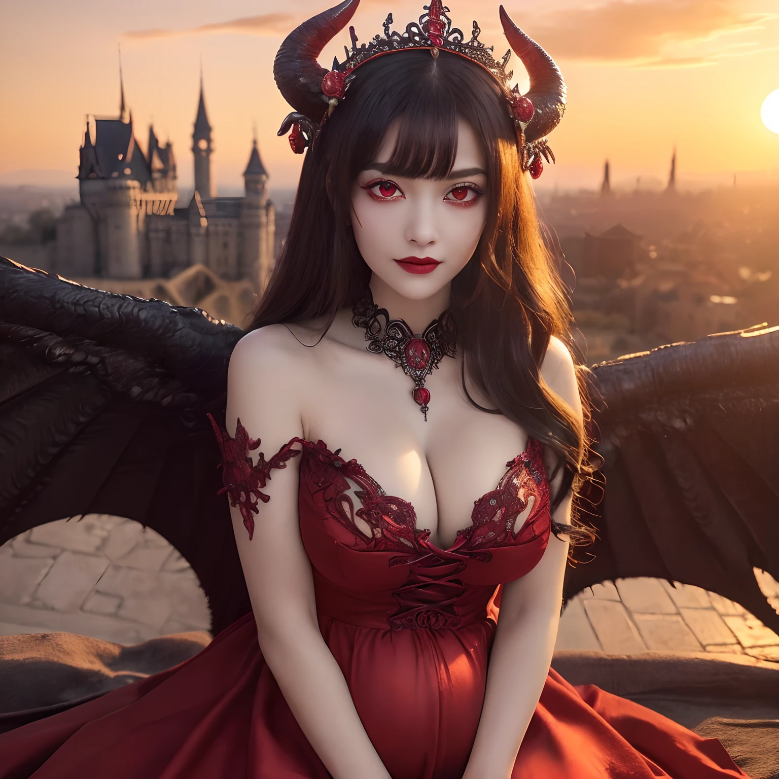 (Glowing red eyes:1.5),(Her glowing red eyes:1.5),(Fiery red glowing eyes:1.2),(Bright red eyes:1.2),(Her eyes glow red:1.5),((masutepiece、top-quality、Award-Winning Works、Highly detailed and elaborate textures、The most complex and detailed textures、The most complex and detailed textures of wings and horns、Super High Detail))、(Her glowing red eyes:1.5),(Fiery red glowing eyes:1.2),(Bright red eyes:1.2),(Her eyes glow red:1.5),((eyes glowing red,Glowing red eyes,Glowing red eyes)),((Take a photo above from your lap,Pregnant,Pregnancy,bulging belly,From the knee up,A very beautiful demon queen,Wings with the most realistic and intricate textures,The most detailed and intricate wing textures,Luxurious long dresses,The background is a complex and detailed castle exterior,Giant Devil Tiara,Big Princess Dresses,Final form as a complete demon,The Devil's Masterpiece,Frightening giant wings,Huge and intricate demon wings,Big Devil's Horn,Realistic and big horns,Creepy horns,Wings with a very elaborate texture,Wings with a very complex texture,Creature wings with a very realistic texture,Wings of a terrifying monster,The most intricate and luxurious gothic dresses,Bright red lipstick, Red Eyes,The most gorgeous princesses dress up with achievements,The most beautiful princesses in the world,Spooky and beautiful demons,The cutest face,Intricate and solemn black dress,Evil and beautiful demon,The most majestic appearance of the Demon Queen,Huge Queen Tiara,The most complex depictions of demons,Accurate reproduction of perfect demonic details,The appearance of an unimaginably gorgeous demon,The unimaginably huge and beautiful appearance of the demon,Complex medieval European castle in the background,The most intricate and detailed castle appearance,The perfect castle,With the sunset and the castle in the background,Castle dyed in the sunset,Fantastic sunset,Romantic sunset,spectacular movie lighting,Sparkling sunset)),((Most beautiful face,Half Japan and half Spanish,The happiest smile,Beautiful wavy hair,The most luxurious and intricate dresses,The biggest smile staring at the camera,Chest that seems to burst,A dress that tightens the waist,Slimed,Colossal tits,Emphasize body lines,Giant wings of the devil,masutepiece,8K,very intricate,ultra-detailliert))