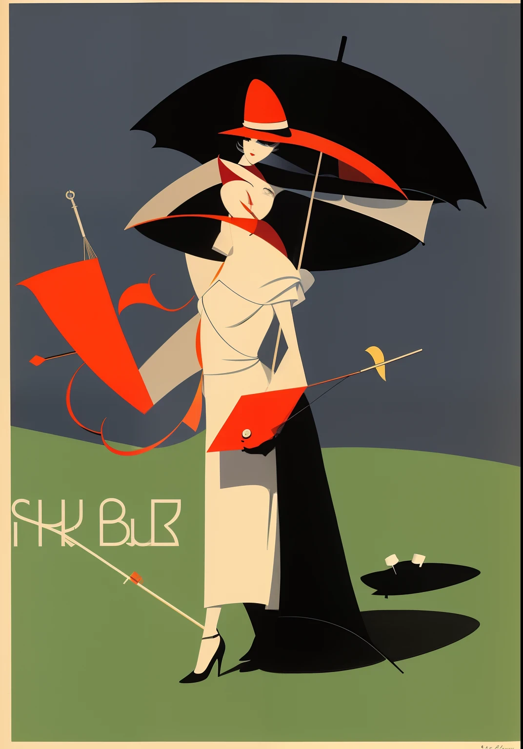 a drawing,A woman in a dress and hat,With an umbrella, saul bass, author:Maurice Braun, Fernand Pérez(Fernand Pelez), author:Vladimir Tatlin, Saul Bass and Paul Rand, author:Edo Murtić, Rene Margit(Rene Margitte)illustratio, author:Pal Bohm, art deco illustration, Hugo Scheiber, author:Robert Bereni