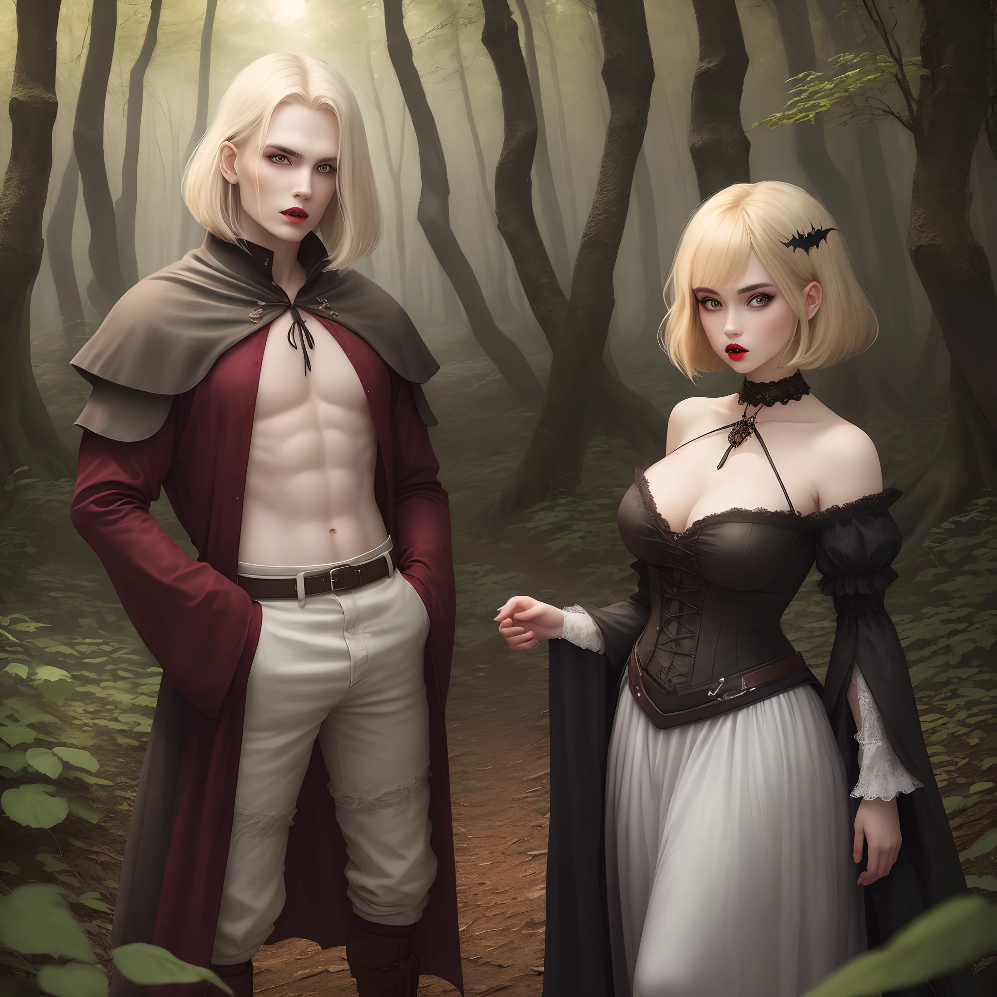 The Model Girl, Blonde with ripped bob, Cyan eyes, pouty lips. In the vampire attire of the Middle Ages. standing in the woods. Next to her is a wolf