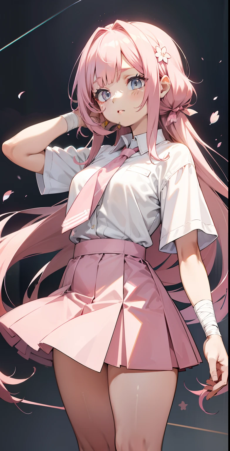 Two-dimensional anime wallpaper，Long pale pink hair，bangs, highlights, (hair highlights effect), (eyebrow), (nose), (ear), (mouth), (lips)，Cherry blossom hair accessories ，girl，White short-sleeved tie style school uniform, big chest, waist, thick legs, thick thigh，The arm is wrapped in a bandage，Light gray mini skirt，Bandages wrapped around her head，medium build，The hair is a little messy ，With a dull expression，a warm color palette