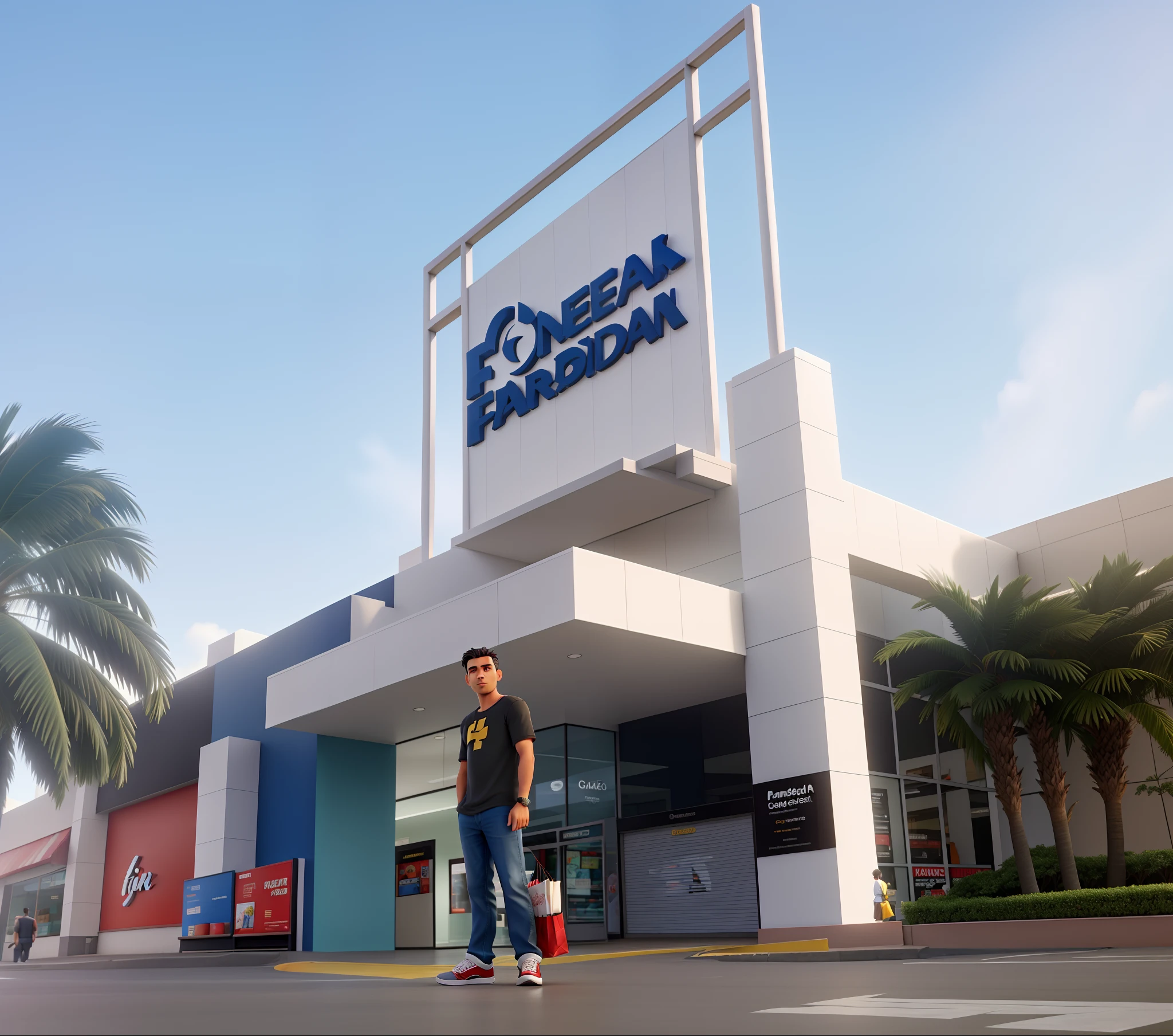 Um homem de farda parado de frente ao shopping