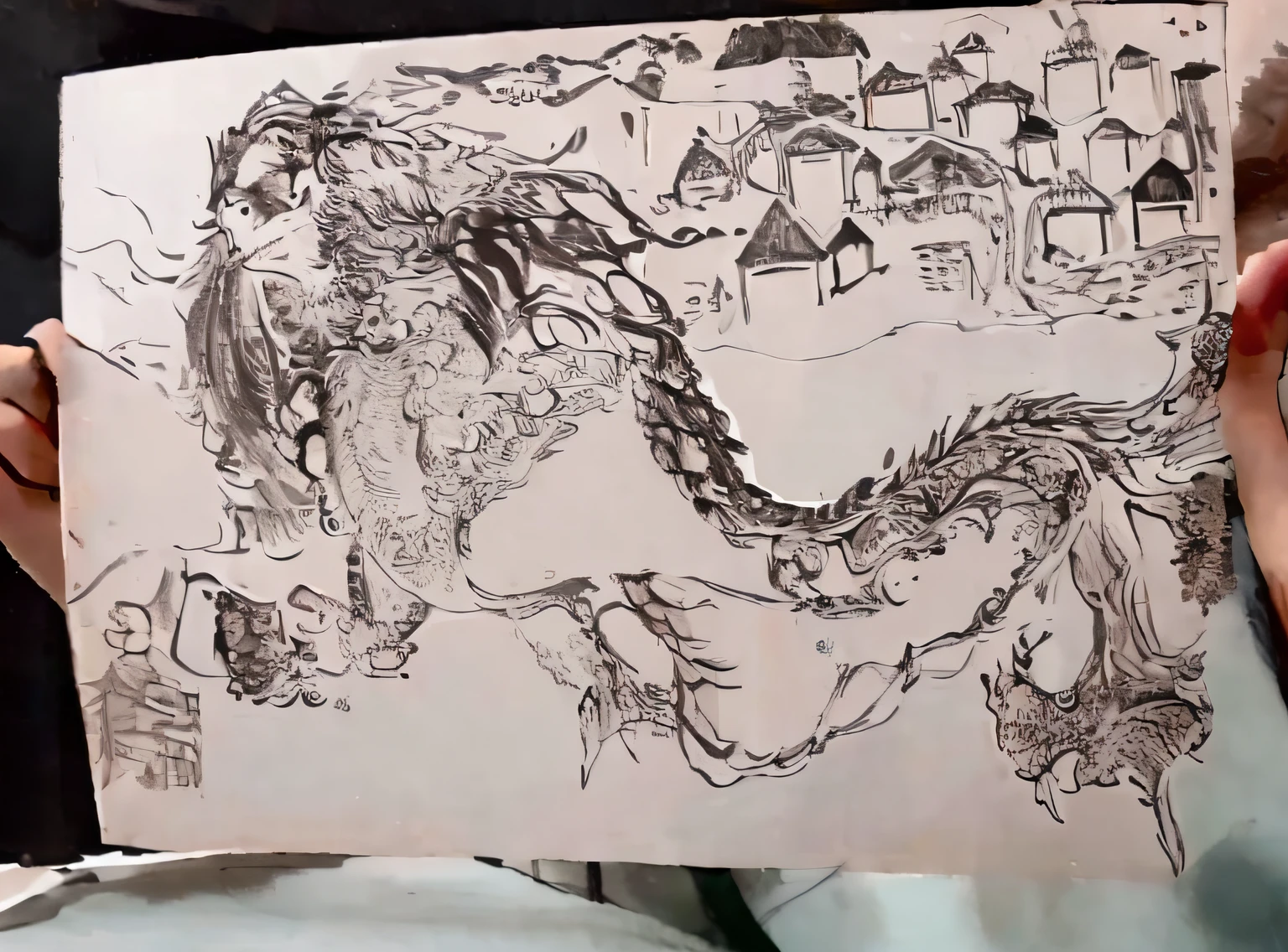 Someone is holding a painting of a dragon,The background is a city, inked drawing, fantasy painting of, intricate drawing, Detailed and complex sketches, sketch of a lucid dream, Dragon in the background, intricate manga drawing, Complex ink paintings, ink and watercolor painting, a mythical creature, ink and watercolor painting, scribble art, mythological creatures, a detailed drawing, detailed intricate illustration。merfolk,A combination of man and fish,Human face,The body of a fish,4 feet like roosters,Like a 4-legged baby fish,Mountains and seas pass monsters,Chinese big breasts,Ancient times,black andwhite,Line,sketching