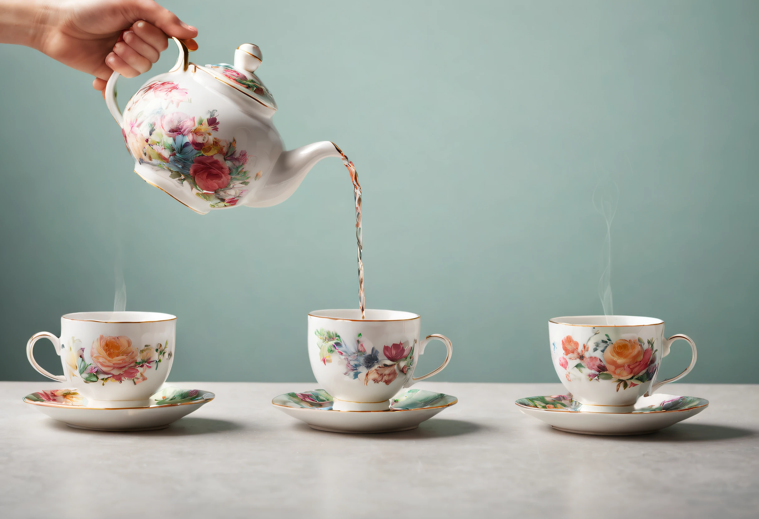 A teapot,A row of teacups,Tea is being poured