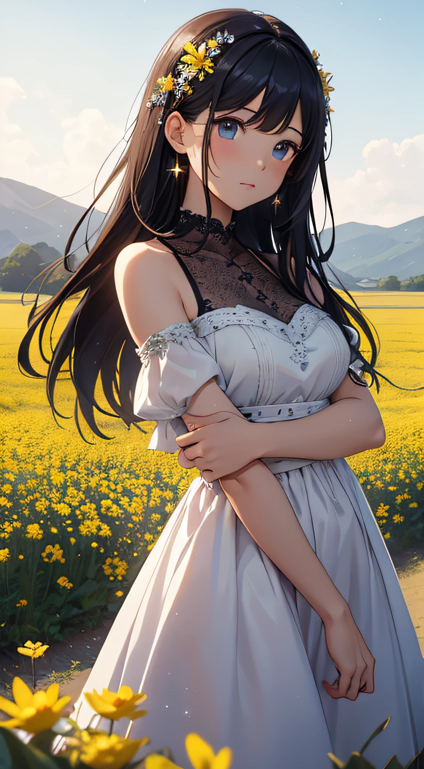 (masterpiece, best quality),1girl sitting in a field of green plants and yellow flowers, her hand under her chin, warm lighting, white dress, blurry foreground、Large Breasts、White long hair、Veil