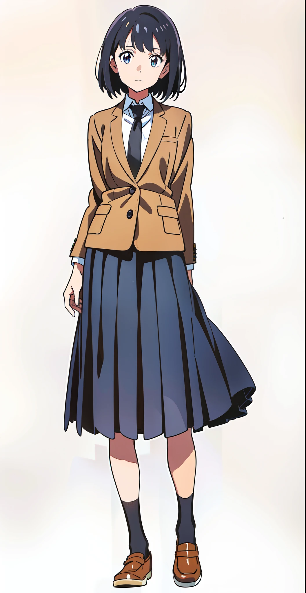 (black skirt:1.5), (anime:1.5), (official art:1.5), (white background:1.0), (best quality:1.0), (masterpiece:1.0), (full body:1.0), (solo:1.0), (a 18yo cute girl:1.0), (long skirt:1.0), (dark blue skirt:1.0), (pleated skirt:1.0), (school uniform beige blazer:1.0), (dark blue necktie:1.0), (black socks:1.0), (loafers:1.0), (ideal ratio body proportions:1.0), (lanky:1.0), (tall:1.0), (slender:1.0), (small breasts:1.0), (smaller face:1.0), (tareme:1.0), (detailed beautiful eyes:1.0), (detailed beautiful face:1.0), (glowing black eyes:1.0), (bob cut hair:1.0), (black hair:1.0)