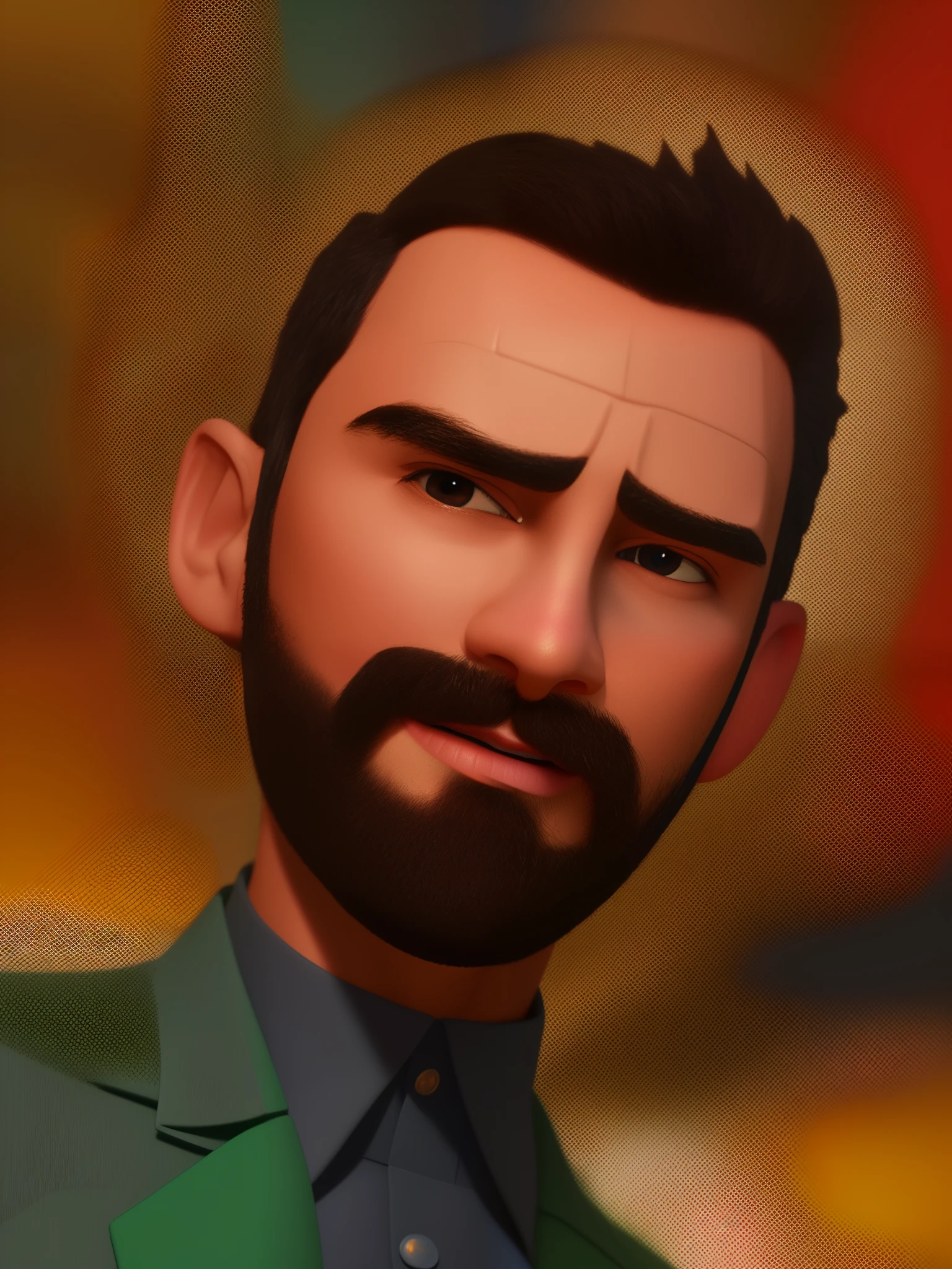 pixarstyle um retrato na altura da cintura de uma homem negro, com cabelos encaracolados preto e cortado na lateral, olhos amendoados e castanhos barba grande ,fechada e alinhada , em uma camisa de basquete , rua, textura natural da pele preta, texturas 4k, hdr, intrincado, altamente detalhado, foco nítido, cinematic visual, hiperdetalhado