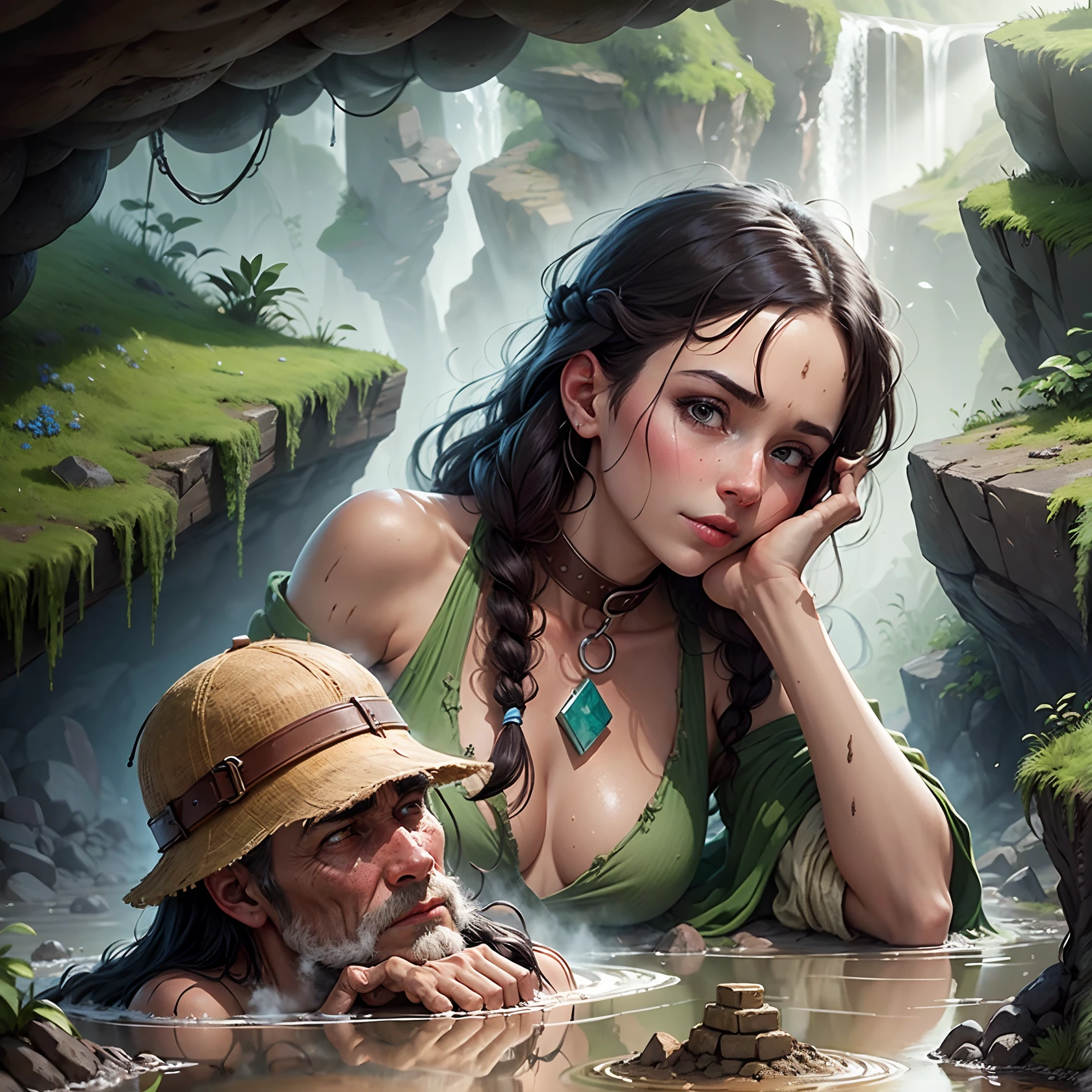 Create an animated scene with a mist filled cave where an archeological couple trapped in a mud filled pit and sinking in the trap upto their neck for almost a week. --auto --s2