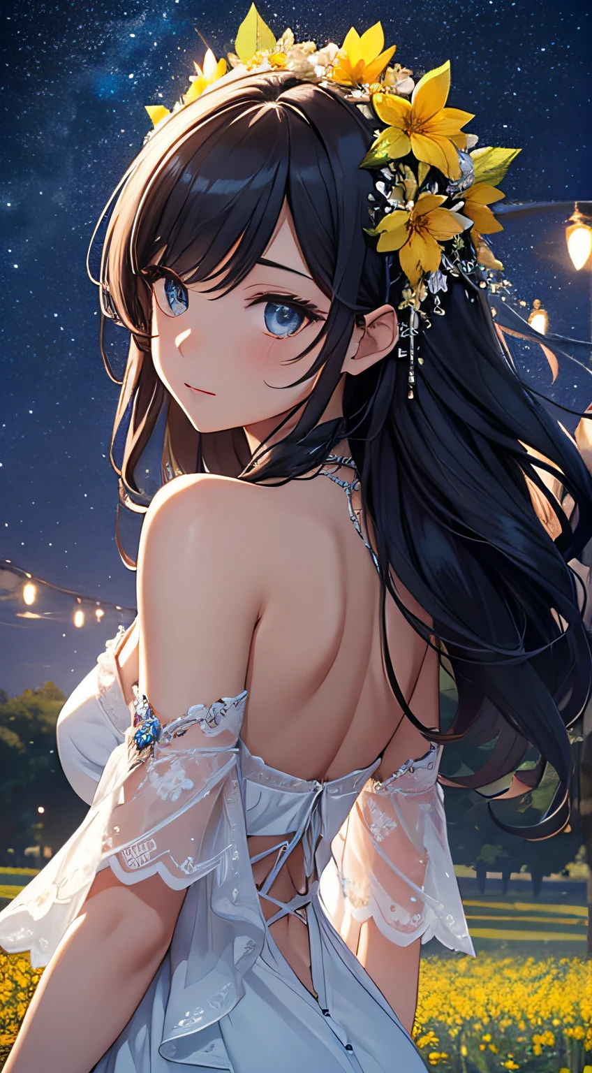 masterpiece、Background with((Fantastic starry sky、kosmos、Meteor swarm、Luminescent yellow flowers all over the place、flower field))、About 30 years old、a beauty girl、huge tit、Great embroidery on a white mini dress、No Shoulder、She wears her hair in a beautiful floral ornament、heavy wind、Hands behind your back so you can see your sides