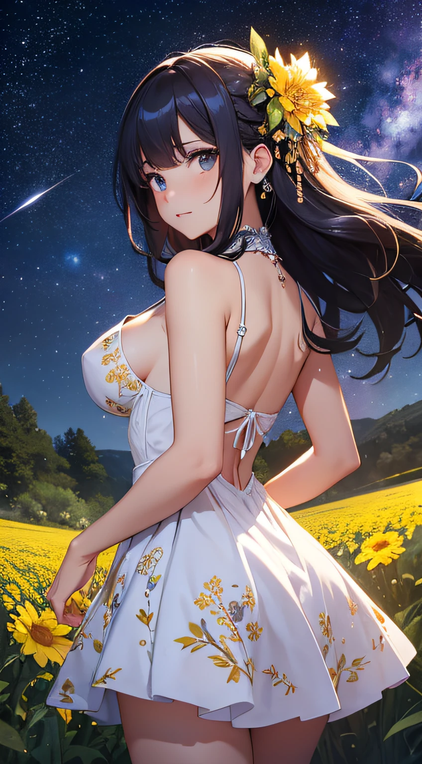 masterpiece、Background with((Fantastic starry sky、kosmos、Meteor swarm、Luminescent yellow flowers all over the place、flower field))、About 30 years old、a beauty girl、huge tit、Great embroidery on a white mini dress、No Shoulder、She wears her hair in a beautiful floral ornament、heavy wind、Hands behind your back so you can see your sides