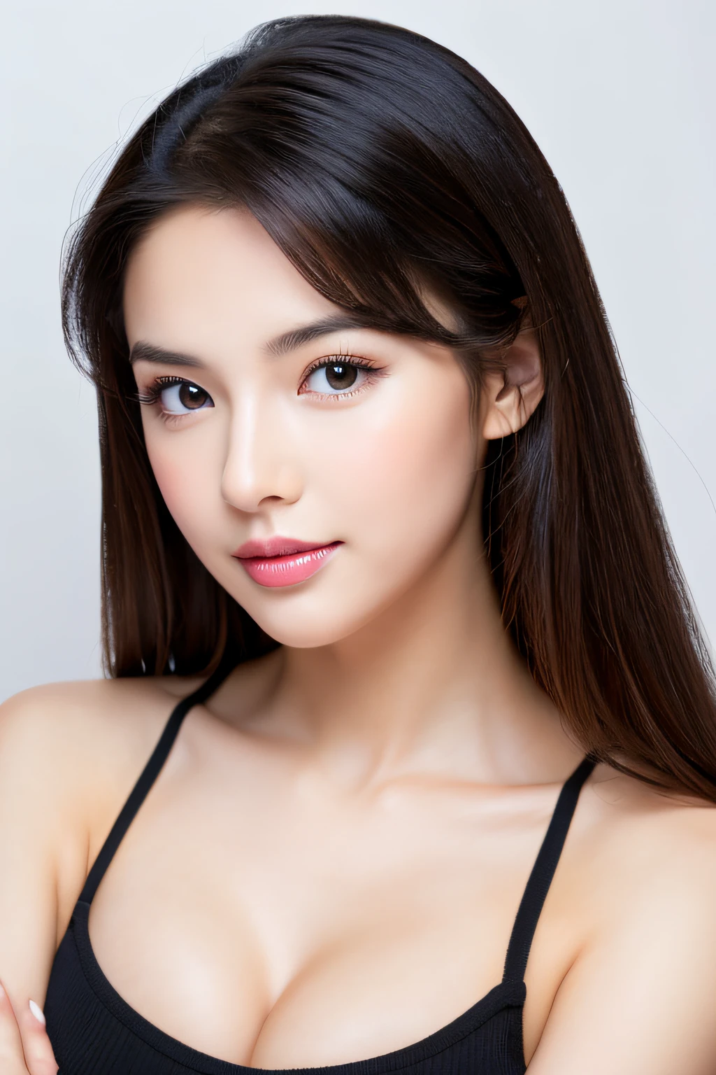 Woman in black top posing for photo, (Detailed skin,real looking skin,lipgloss),Beauty woman, Attractive woman, Beautiful Face Woman, Beautiful young woman, Young beautiful woman, Beautiful woman, gorgeous woman, shutterstock, gorgeous beautiful woman, beautiful woman face, a photography of a beautiful woman, istock, Sexy face, Very beautiful woman, Cute Woman, attractive beautiful face, attractive girl,very very gigantic boobs,Emphasizes cleavage,