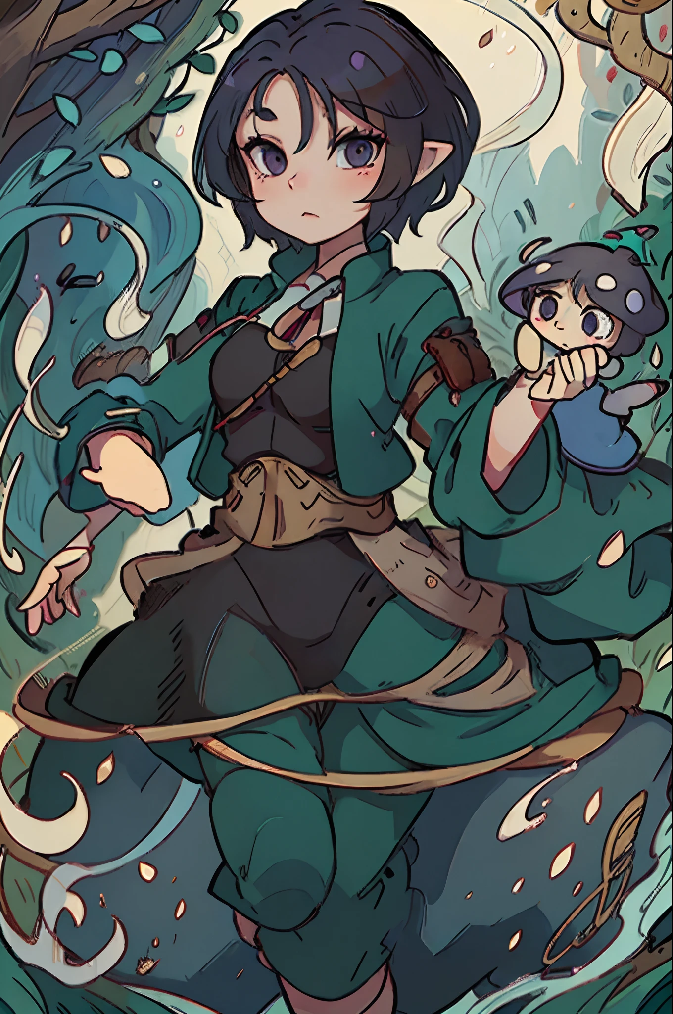Mushroom elves,Dressed in clothes with Tibetan elements in China,Black hair,Lives deep in the forest,cartoony,cute,Lovely and magical,character design,Wonderful