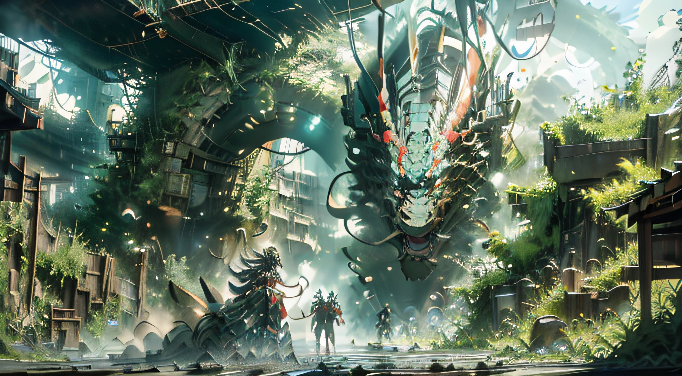 Mecha Chinese dragon，cyber punk perssonage，in a panoramic view