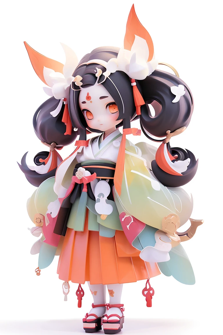 (Full body standing painting), 独奏, Game Icon Institute, Game icon, 1girll, Solo, Black hair, Long red hair, Japanese kimono, Zephyr elements，Onmyoji detailed art, Traditional oriental art style, Beautiful painting style, paint brushes, multicolored hair, view the viewer, two tone color hair, Black eyes, White background, White hair,full bodyesbian, tchibi, Whole body --niji 5