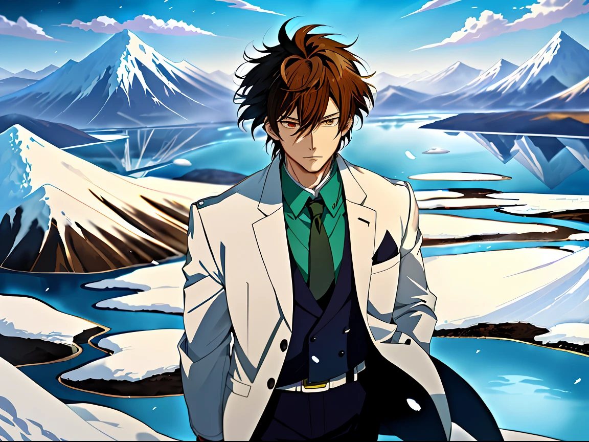 Anime image of a brown-haired man in a white suit and blue tie standing under a snowy mountain,by lake, Shinkai sincerely, New Xiangcheng, Honest, ryuta ueda artwork, offcial art, Anime handsome man, inspired by Hisui Sugiura, koyoharu gotouge, inspired by Okumura Togyu, hijikata toushirou, makoto kano