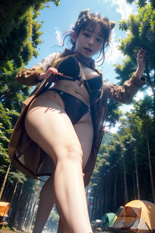 ((top-quality、in 8K、masterpiece:1.3、Raw photo))、Super high quality photos, ((In the dense forest)), Japan Top Idol Women With Perfect Beauty, Perfect beauty, ((slim figure))、((der riese))、((Wear a white see-through shirt)), ((not wearing bra)), (( are protruding)), tropical jungle、 (Photorealistic: 1.4), (Ultra-high detail), (hyper realisitic: 1.4), (Realistic: 1.3), (Smooth lighting: 1.05), 1girl in, Solo, (Japanese actressl), 20yr old, Full body, ((camel's toe)), ((der riese)), Size difference, cinematlic lighting, ((slim thigh)), ((Perfect beauty)), ((The most beautiful face)), ((Transcendent beauty)),tropical jungle、((with spreading legs)), ((open open mouth)),((In the dense forest)), ((slim figure)), ((Some small tents at the campsite)), ((Small people々is running away)),