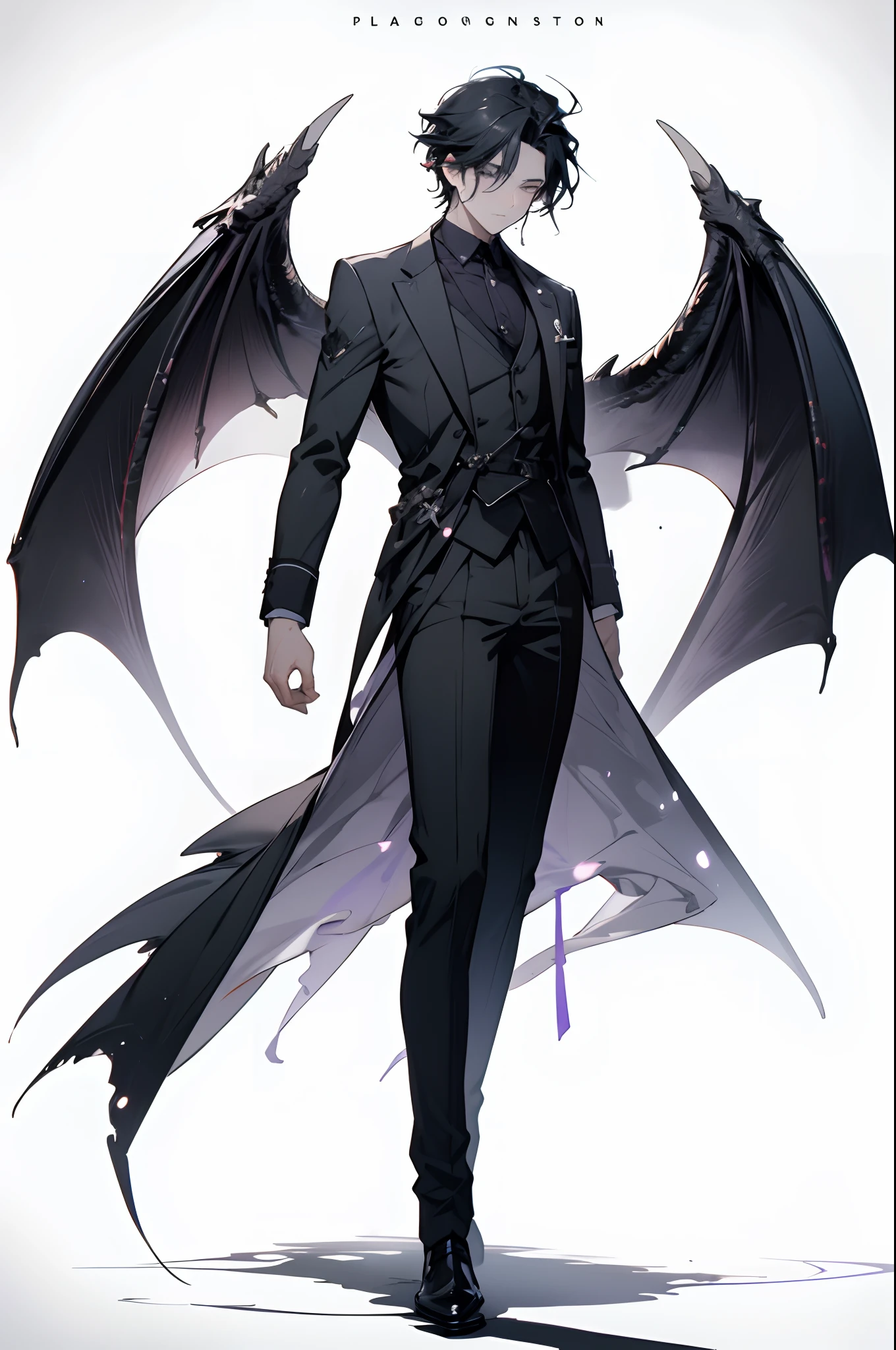 king of shatowes,1boy,black hair,violet eyes,black suit,full body,background armys of shadows,Dragon Photon Sombre, Corps lumineux,Ailes de photon,aura noire,corps de photon,