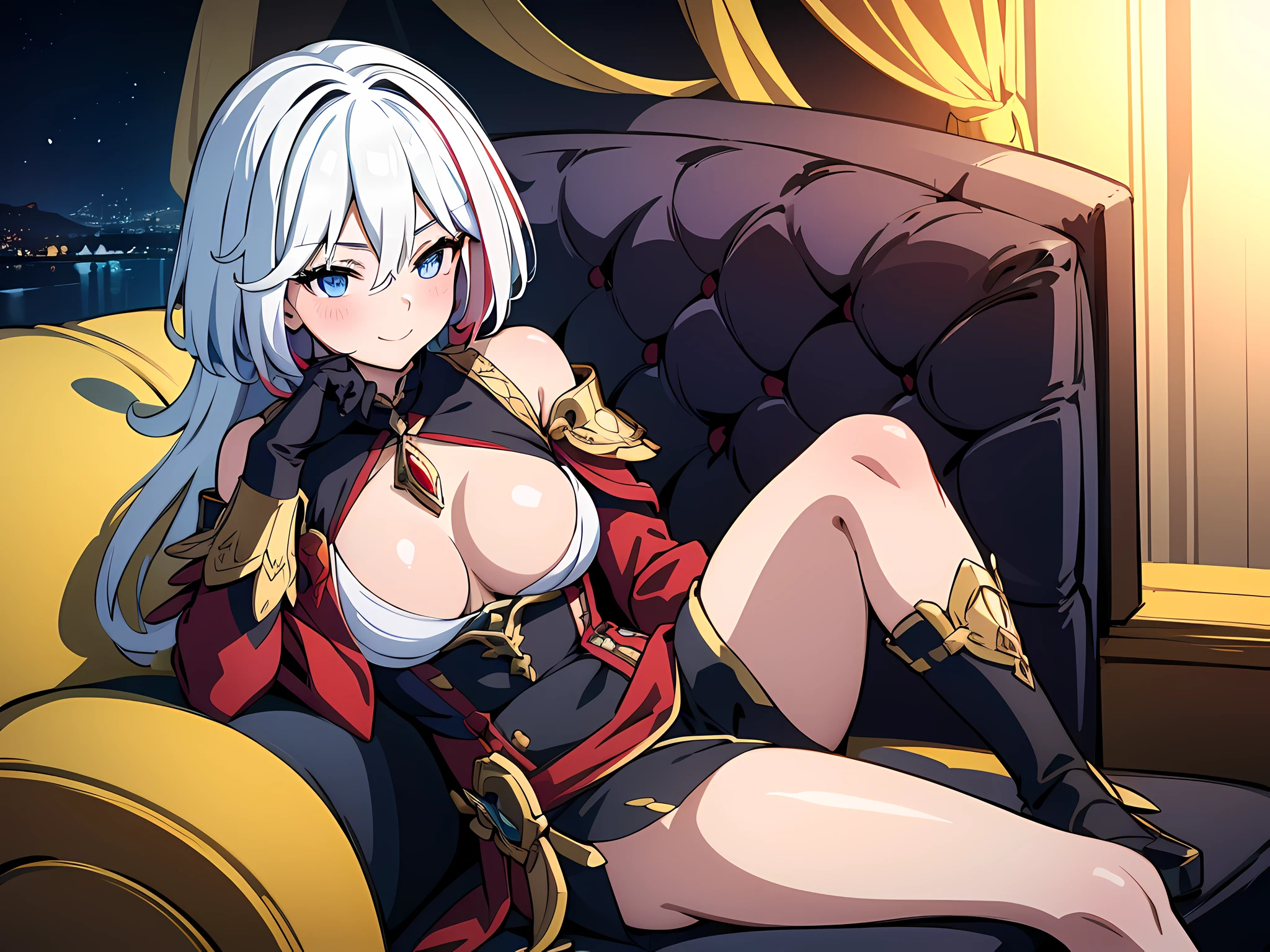 1 girl (wear witch hat), (heterochromia eyes)beautiful eyes finely detailed, (two tone hair color (red and white), long hair, tipsy smile, drunken, blush on her face, wearing armor, finely detailed black and white armor, cinematic lighting, intricate filigree metal design, laying her back on sofa, middle ages style bedroom, full body, anime best girl, masterpiece sidelighting, night time, masterpiece, top-quality, detailed, High resolution illustration