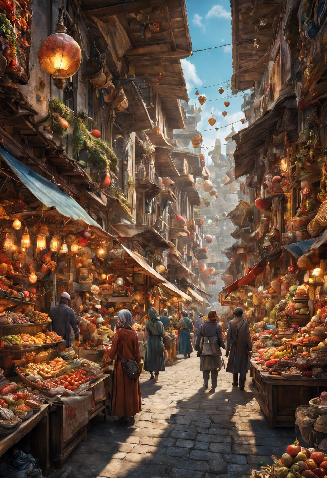 parallel universe, bazaar, marketplace scene, vendors, items, parallel universes, reality, imagination, intricate, masterpiece, best quality, highly detailed, sharp focus, dynamic lighting, vivid colors, texture detail, particle effects, storytelling elements, narrative flair, 16k, UE5, HDR, subject-background isolation