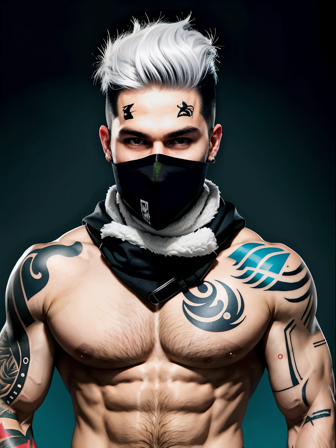 solid color backdrop，One person wearing a ski mask（Without a hat!!!），Handsome，rogue，Sense of oppression，Full body photo，Don't take a headshot，Punk head，Hair color is white，Upper body nudity，Tattooed with，Muscular，rule 34