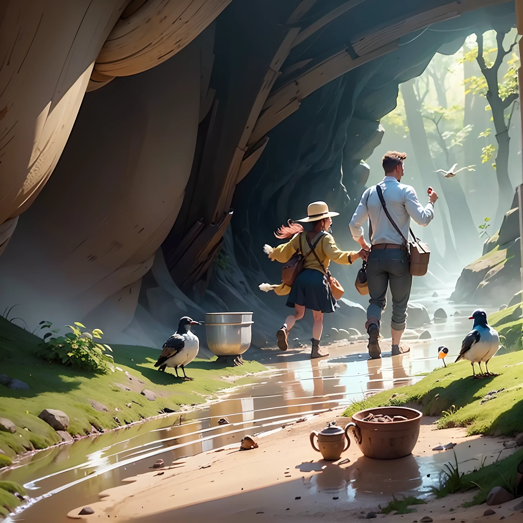 Create an animated scene with a mist filled cave where an archeological couple sinking in the mud filled trap upto their neck for almost a week and given food by a bird --auto --s2
