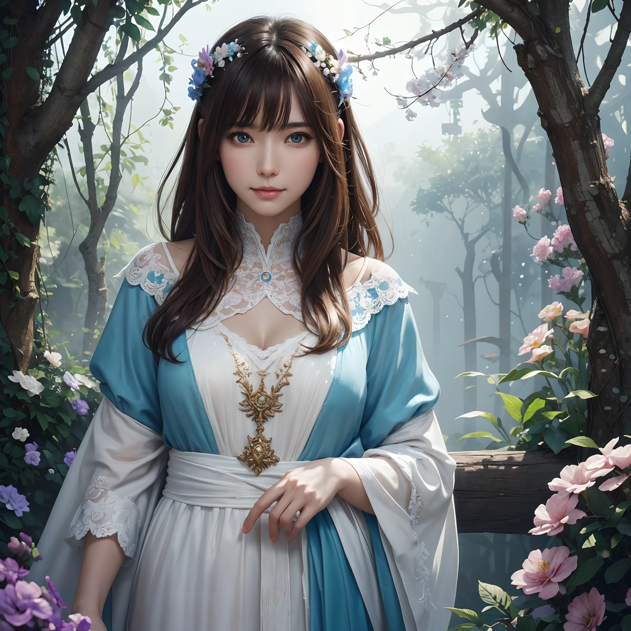 hightquality、8K Ultra HD、fullllbody、1 16-year-old female、Gentle smile、Rich facial expressions、Beautiful flowers、robe blanche、light brown hair、Blue eyes、(Lovely healing forest and colorful little birds on the background)、cute little、Beautiful fece、portlate、Antique architecture、Crystal Brilliance、art by:Alberto Seveso、Abstract art style、Complex and intricate watercolor painting 、digitial painting、concept-art、Volumetric lighting、TanvirTamim、metal reflective、2d render、8K。 by artgerm、Trending on ArtStation