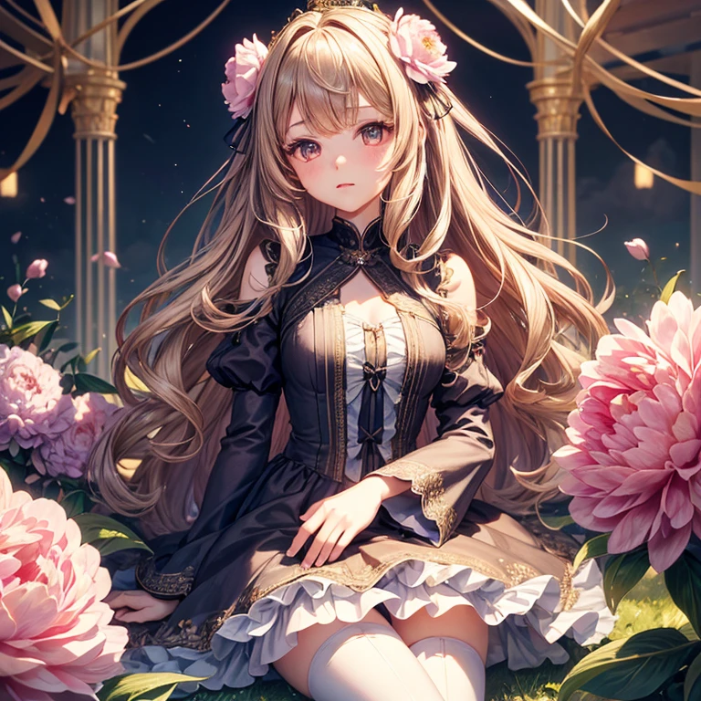 peonies，camellias，a extremely delicate and beautiful girl, high resolution illustration, Perfect details, whole body, Girls' Front, focus on the girl, look up to, petite, 1 girl, young girls, long hair blown up, curly hair, Air bangs, beautiful and detailed loong tail, hair intakes, light brown hair, Beautiful face, ^ ^, lovely big eyes, perfect hands, small breast, zettai ryouiki, light brown eyes, hair and clothes is flower, luxurious hair ornament, beautiful detailed dress, knee boots, detailed beautiful grassland with petal, dreamcore, flowers Surrounded, wallpaper 8k CG, hyper quality, extremely detailedmasterpiece,